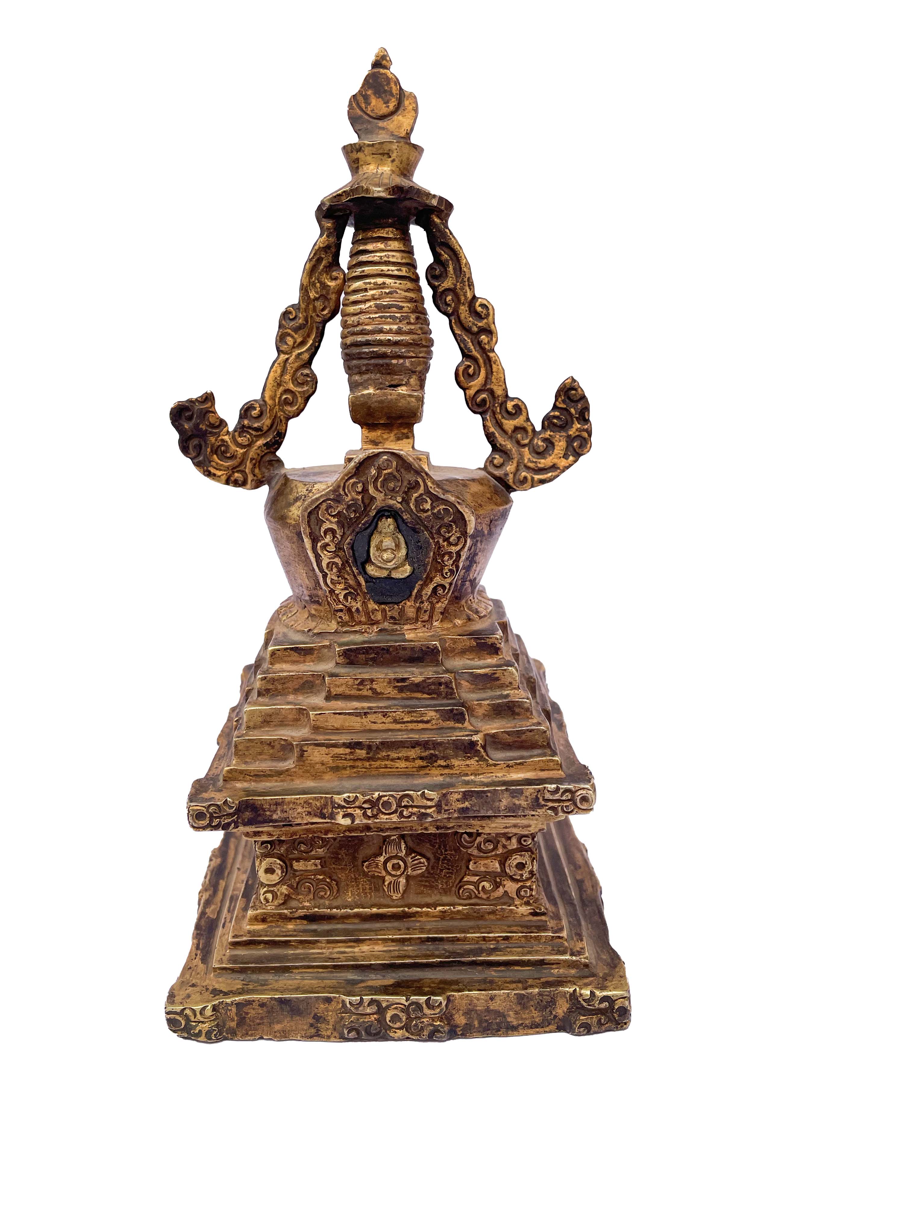 Buddhist Eight Stupa Set, full Gold Plated, antique Finishing