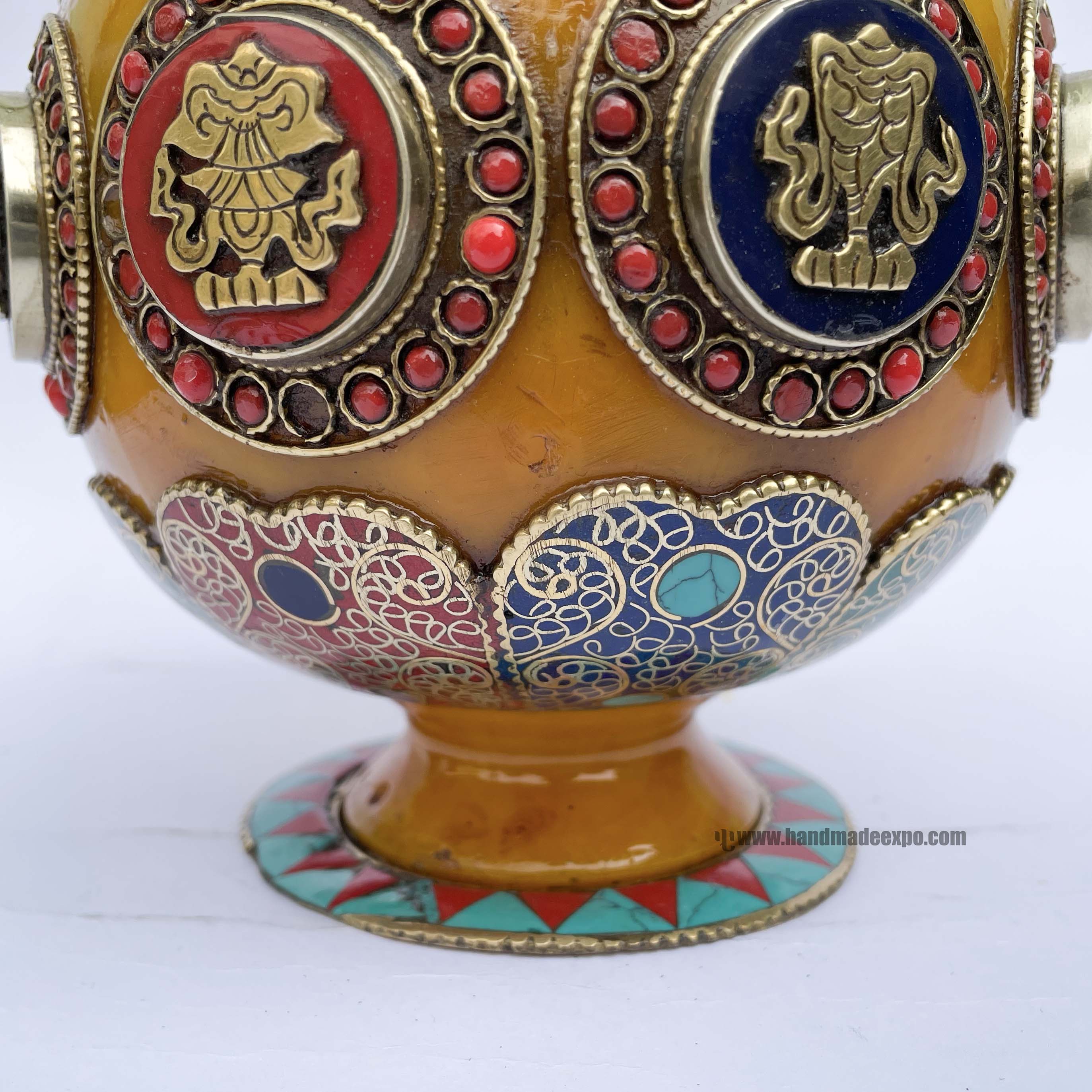 Imitation Amber Dophor, Nesi, Vessel For Offering Rice With Ashta Manga And stone And metal Setting