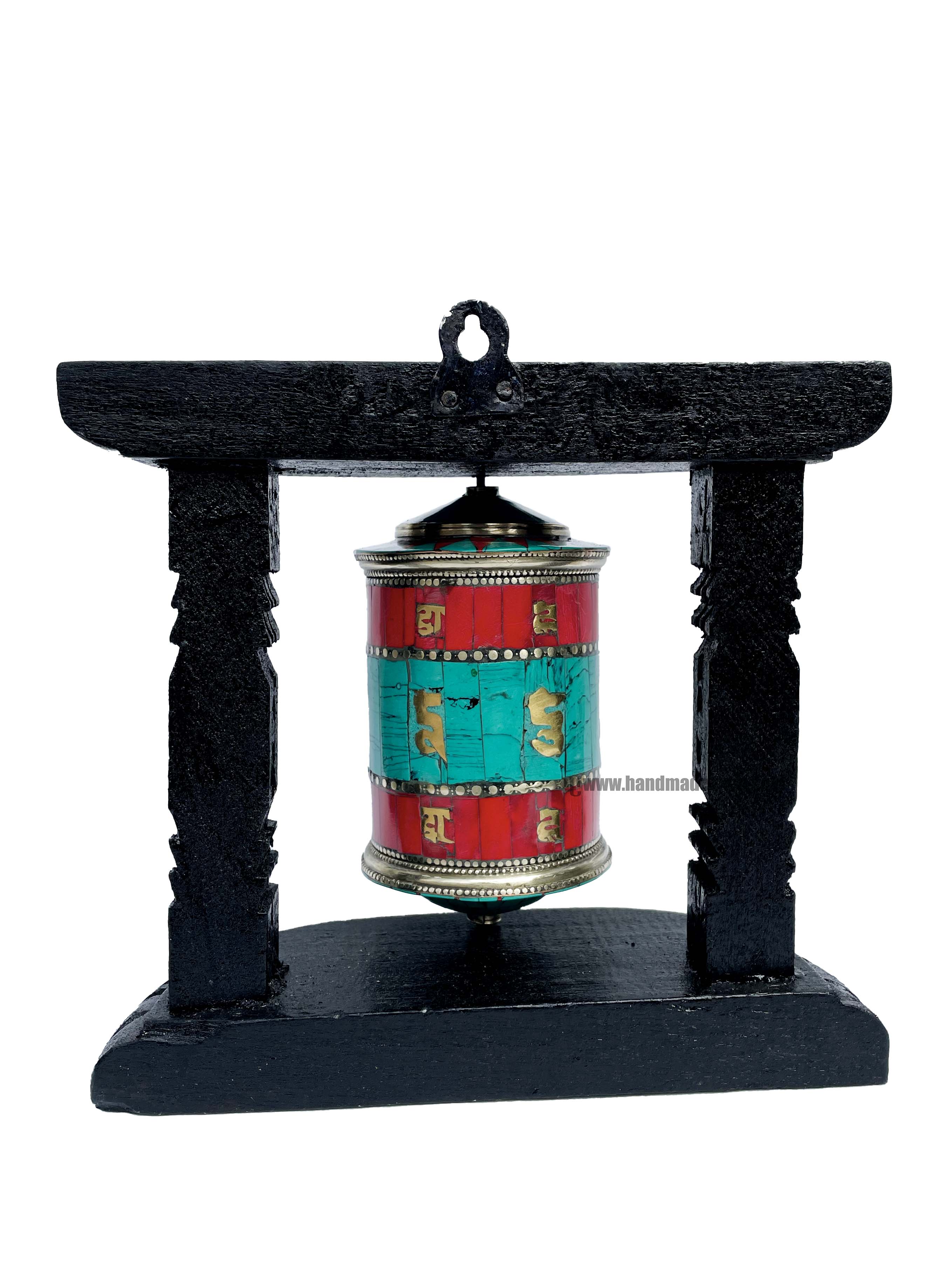 Brass Prayer Wheel On Wooden Frame <span Style=