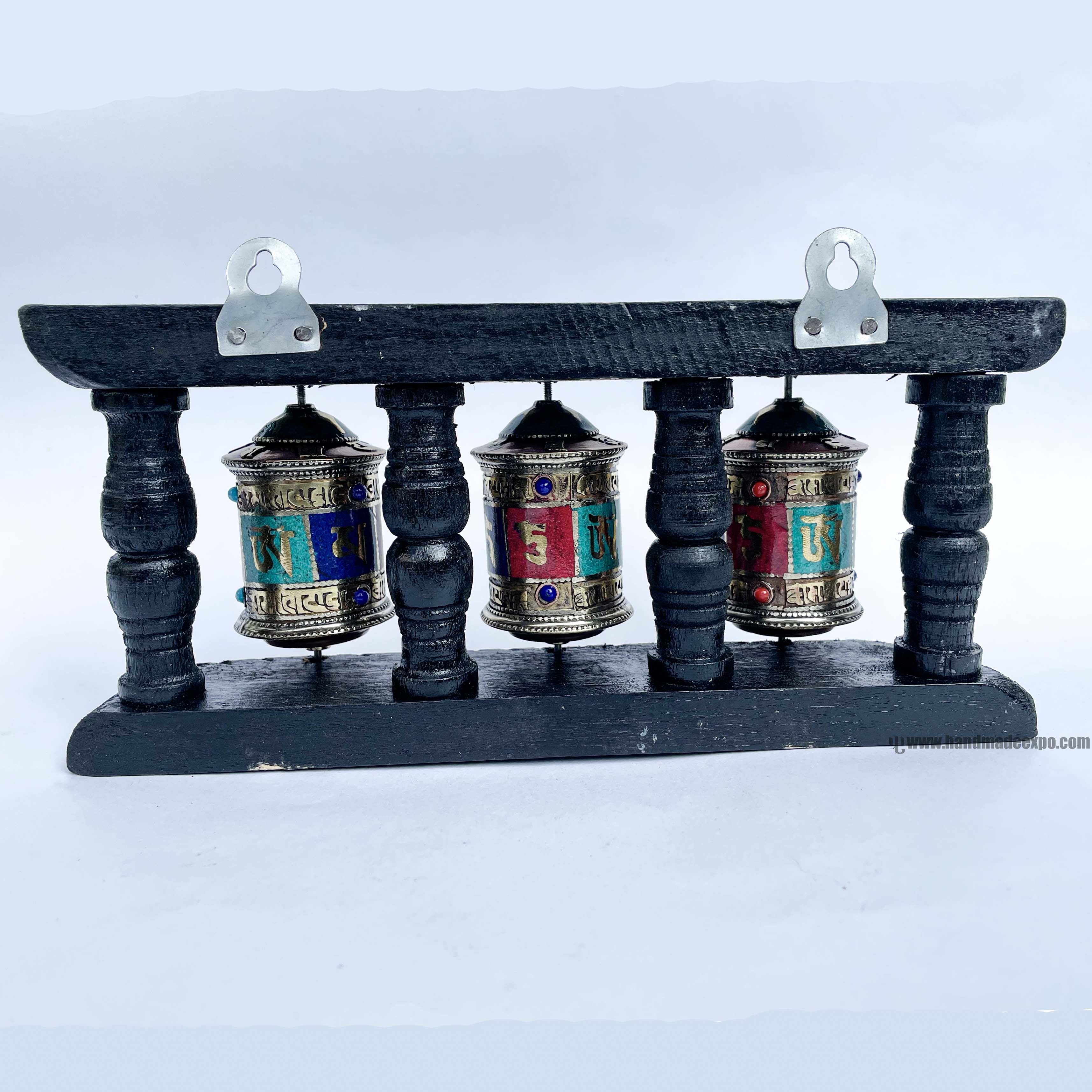 Triple Brass Prayer Wheel On Wooden Frame, <span Style=