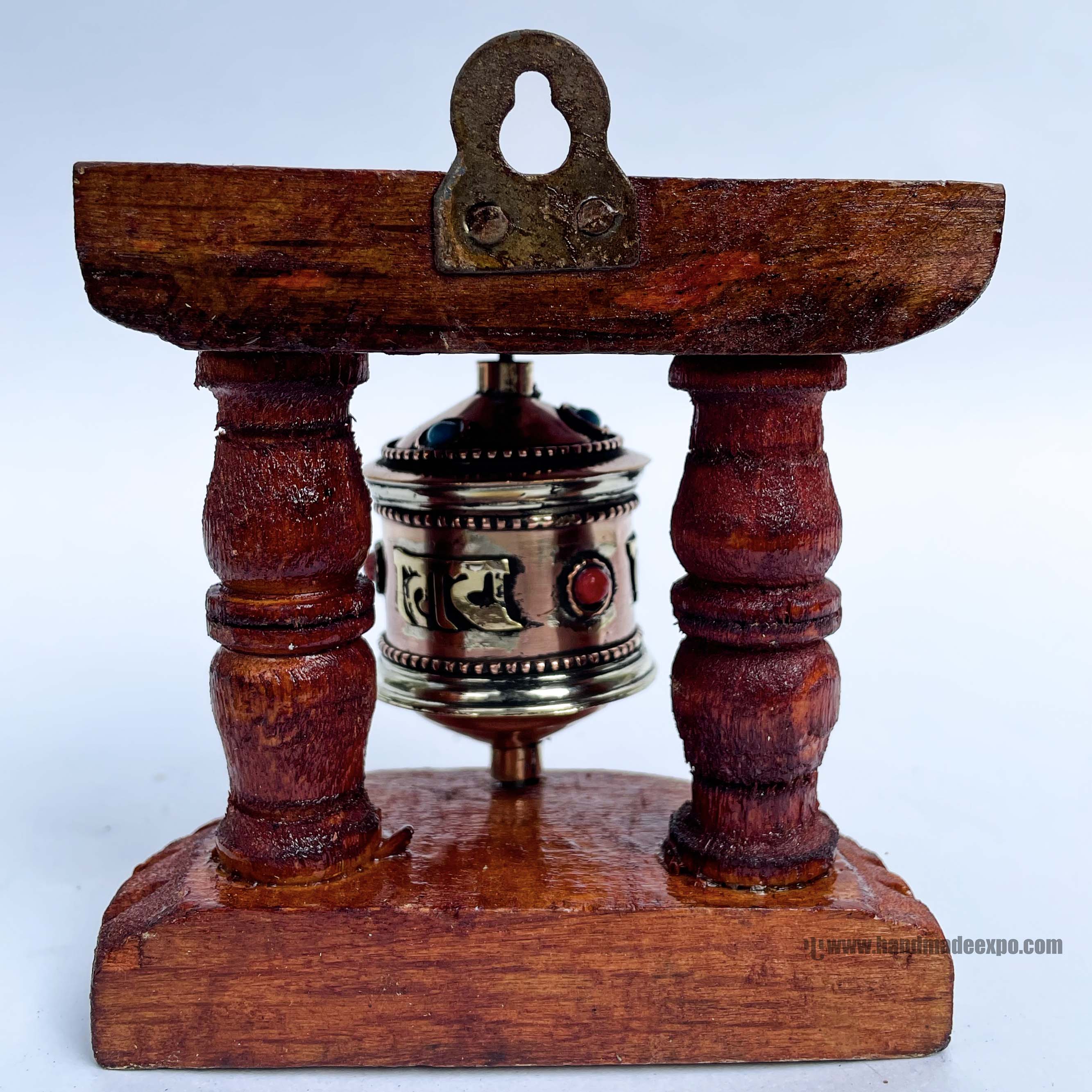 Brass Prayer Wheel On Brown Wooden Frame, <span Style=