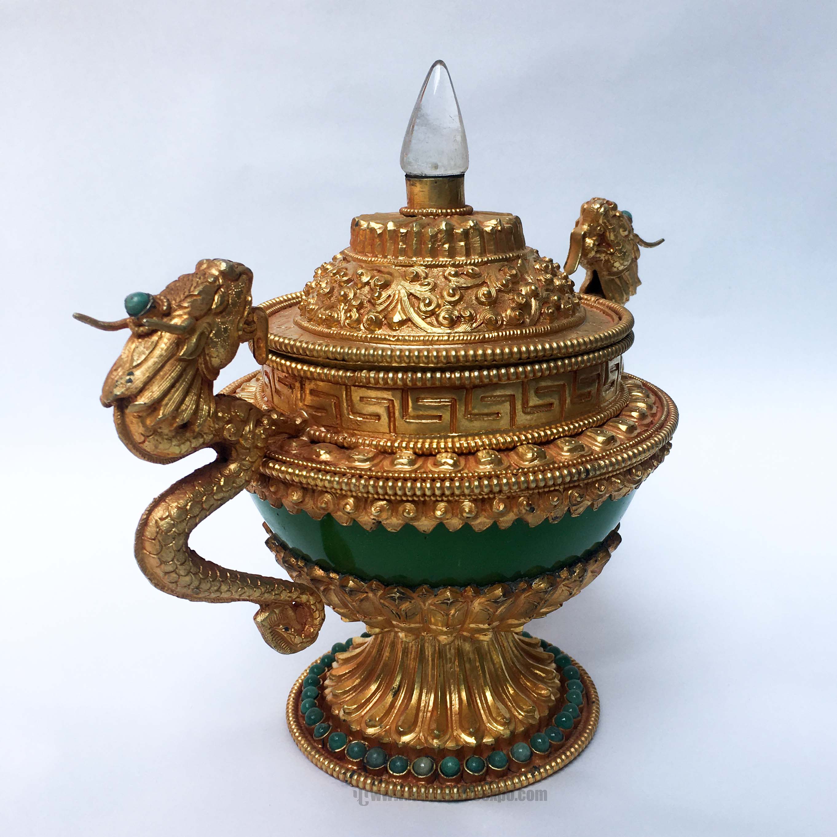 Imitation Jade Dophor, Nesi, Vessel For Offering Rice, With Dragon Design And Stone And metal Setting, gold Plated, hong Kong Jade