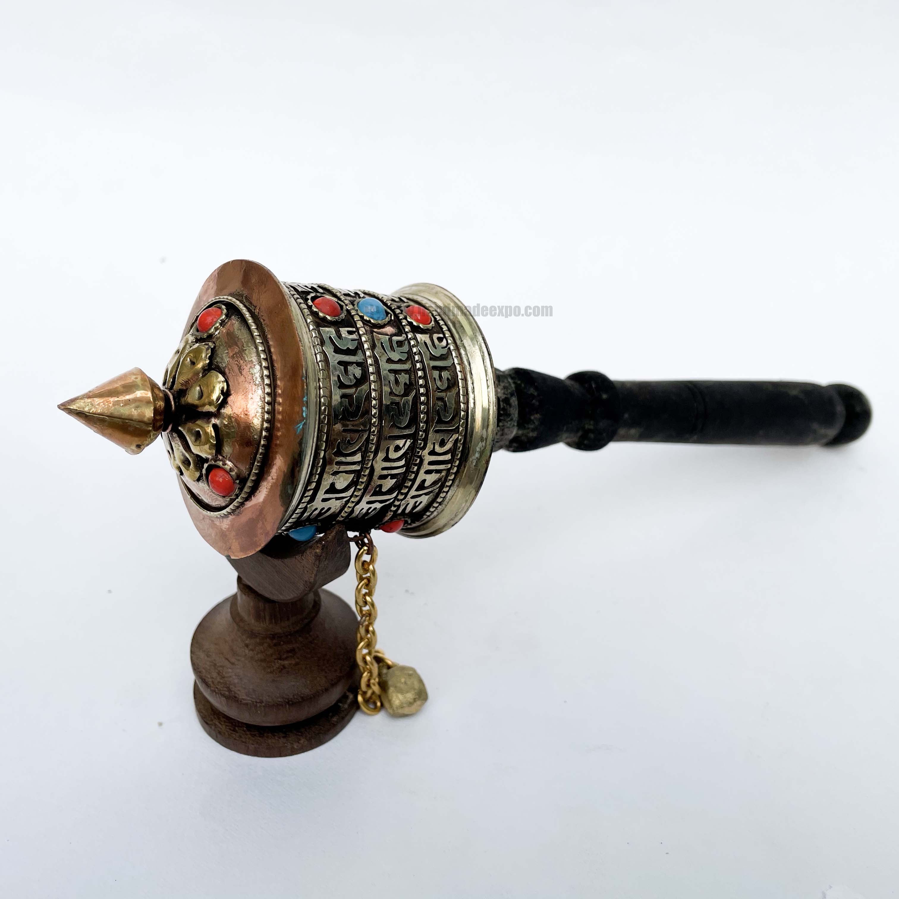 Ashtamangala Brass Hand Held With Mantra Prayer Wheel, stone Setting