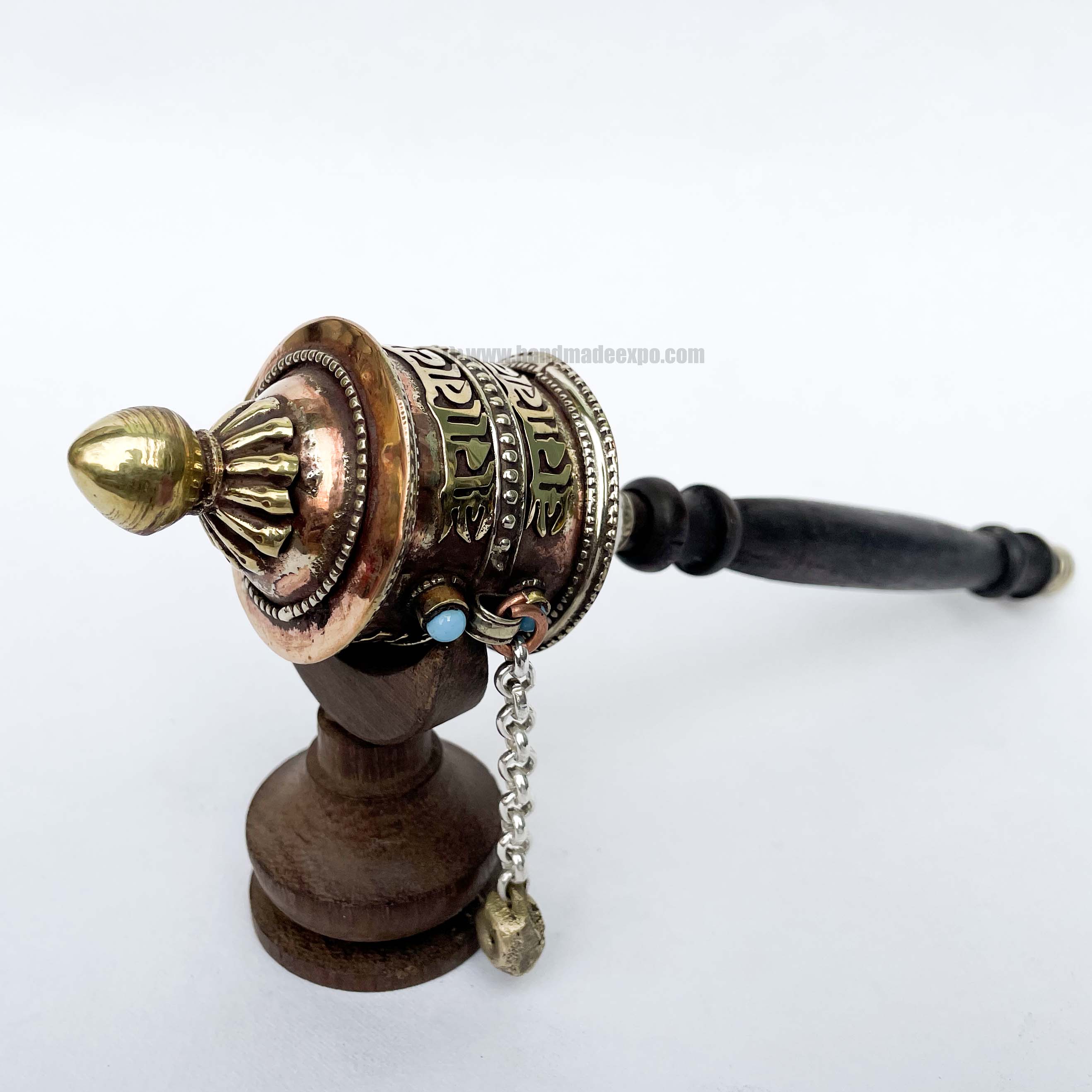 Brass Hand Held With Mantra Prayer Wheel, stone Setting
