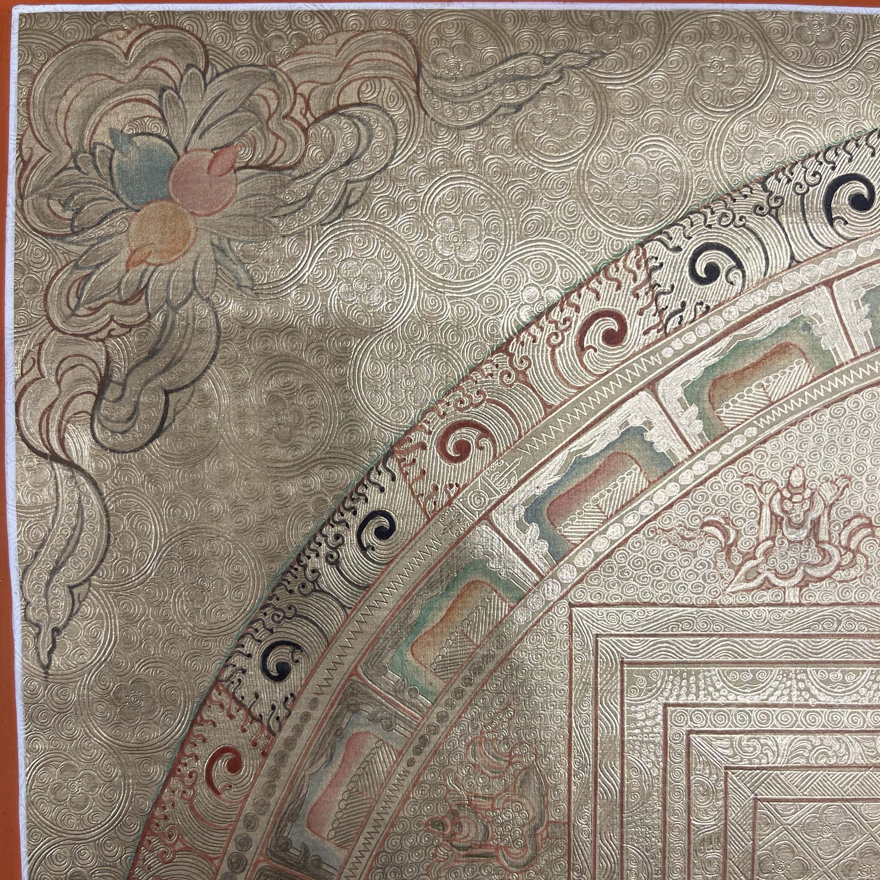 Buddhist Hand Painted Thangka Of Yellow Jambhala, Mandala real Silver, Lamas Art, square Mandala