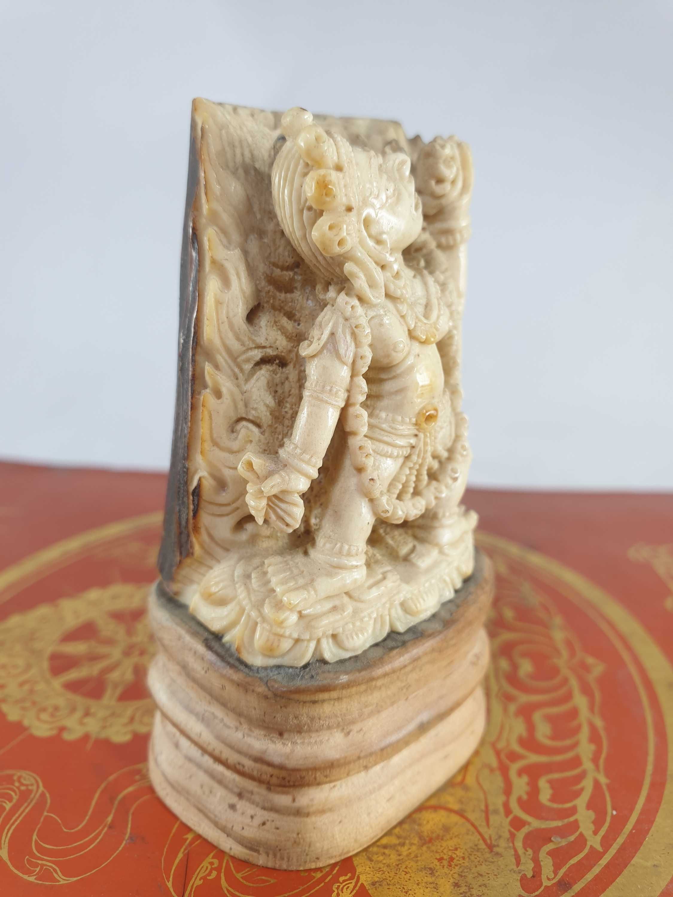 Buddhist Vajrayogini Carved In Yak Bone, On A Wooden Stand