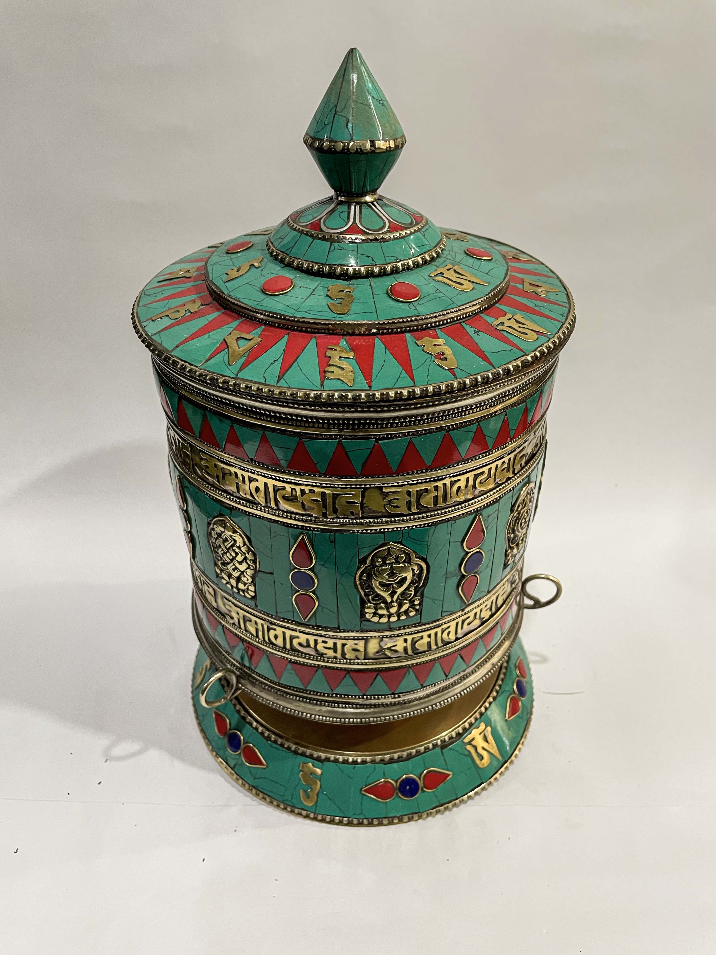 Table Prayer Wheel Big Size, stone Setting And Ashtamangala