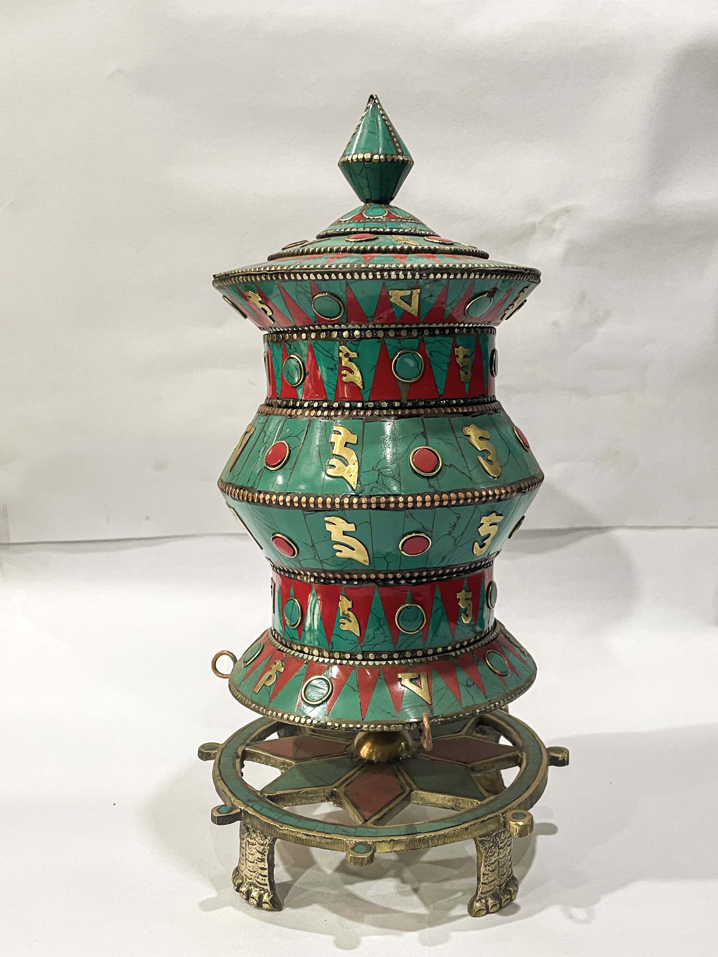 Table Prayer Wheel Big Size With Double Dorje, stone Setting
