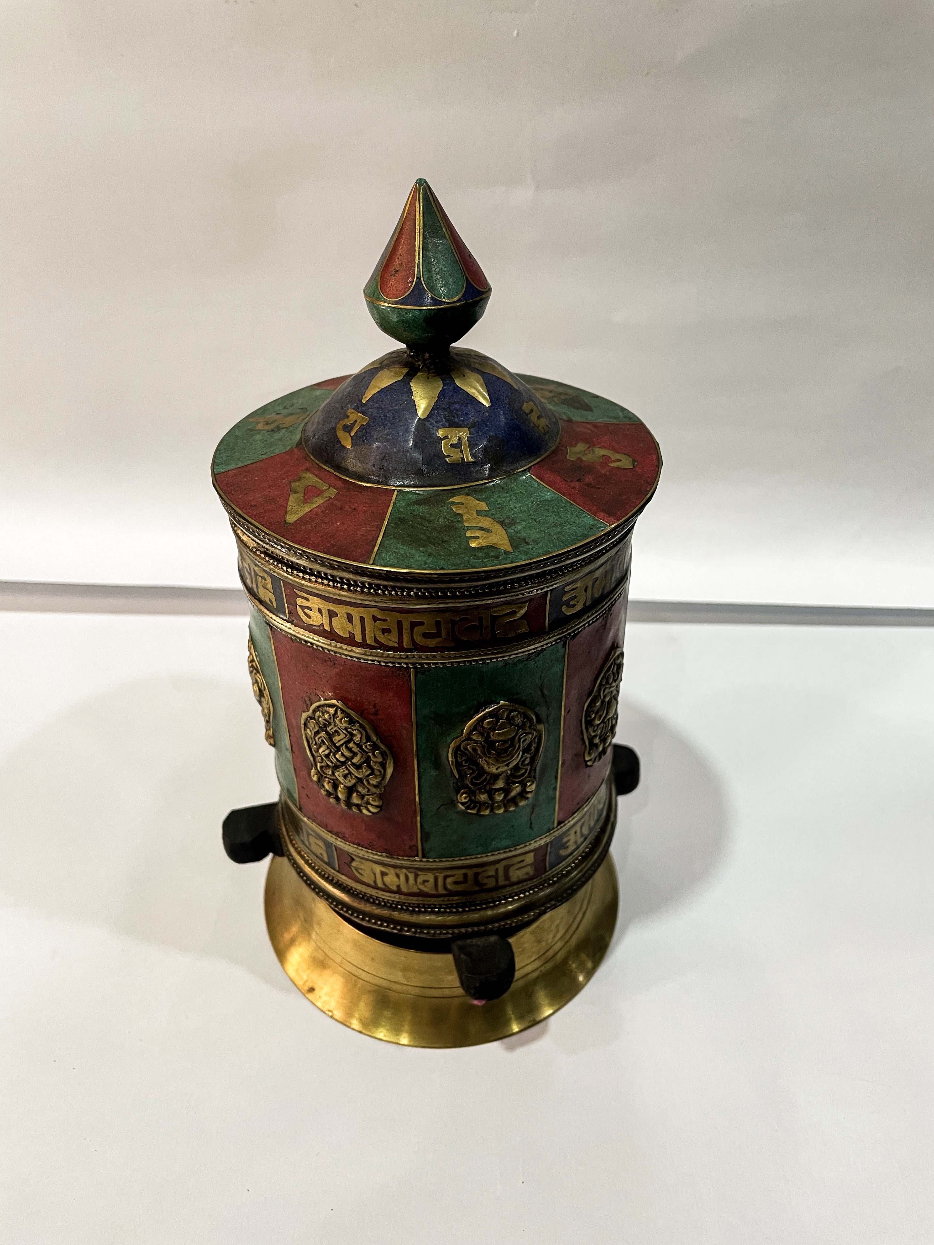 Table Prayer Wheel Big Size With Mantra Inside, stone Setting, And Ashtamangala