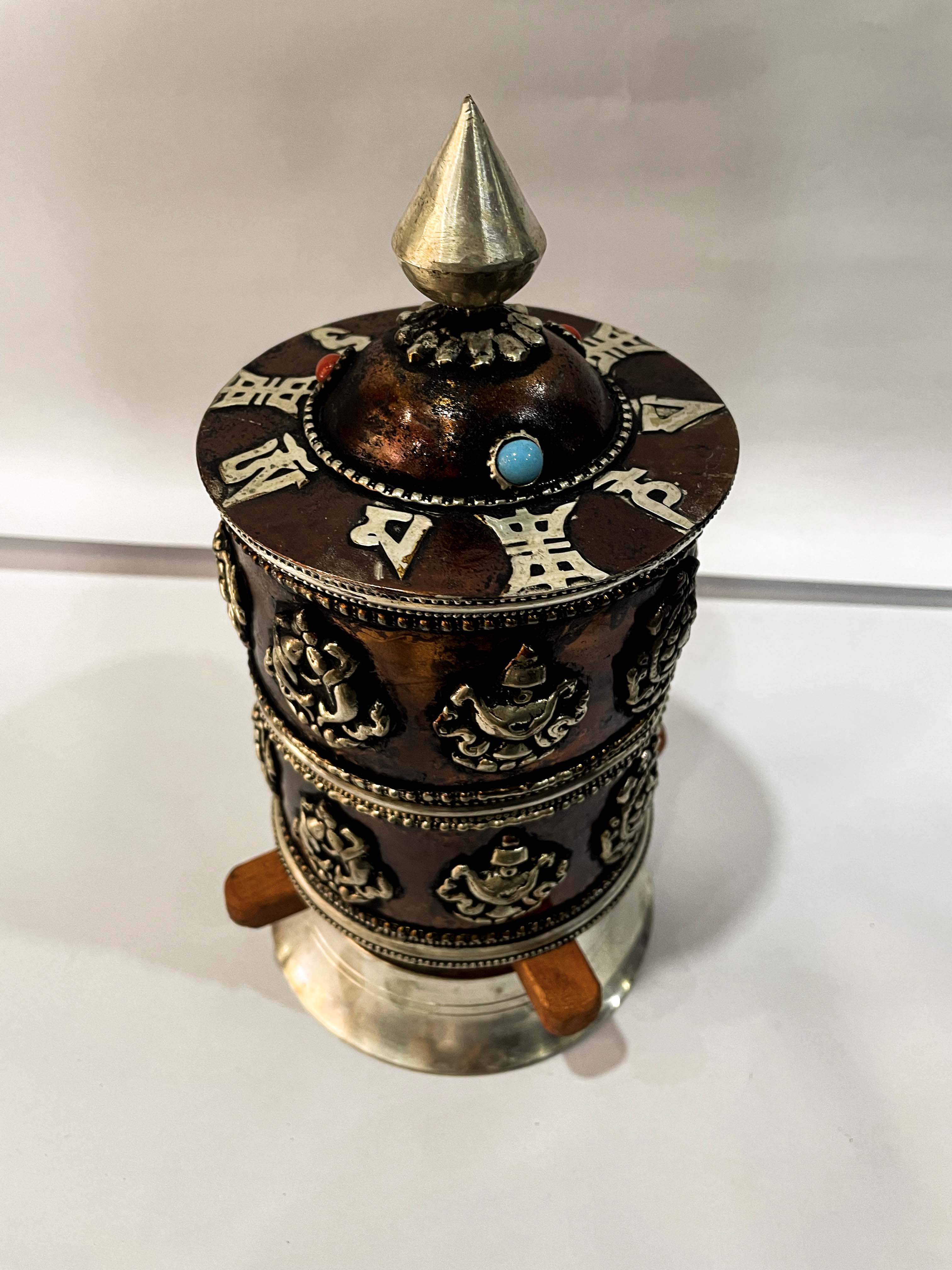 Table Prayer Wheel Big Size With Mantra Inside, oxidized With Stone Setting, And Ashtamangala