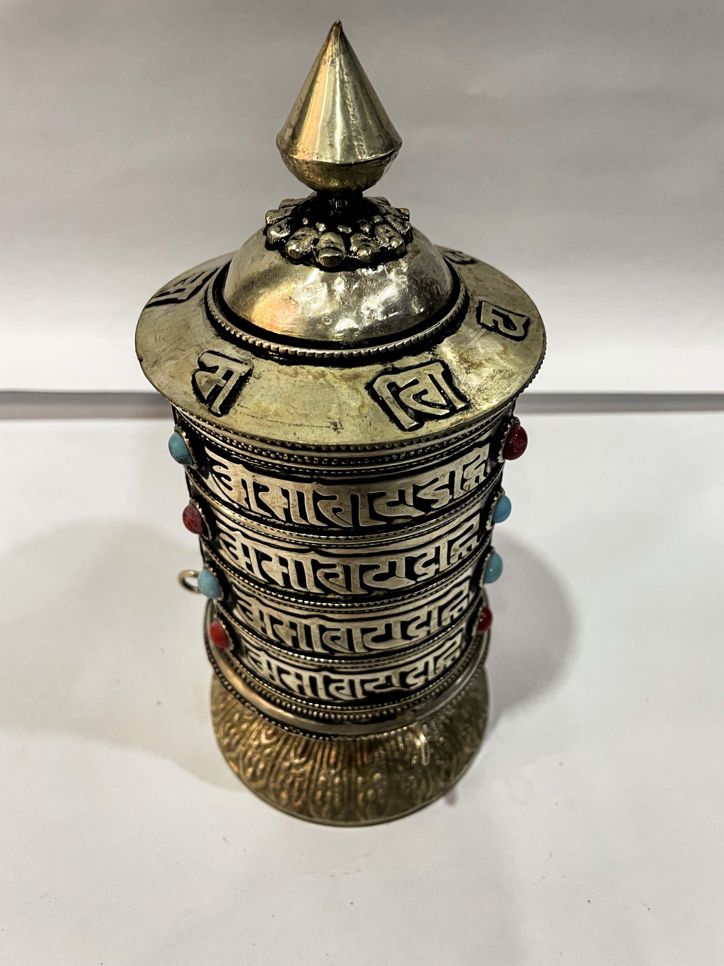 Table Prayer Wheel Big Size With Mantra Inside, oxidized With Embossed Mantra, And Stone Setting