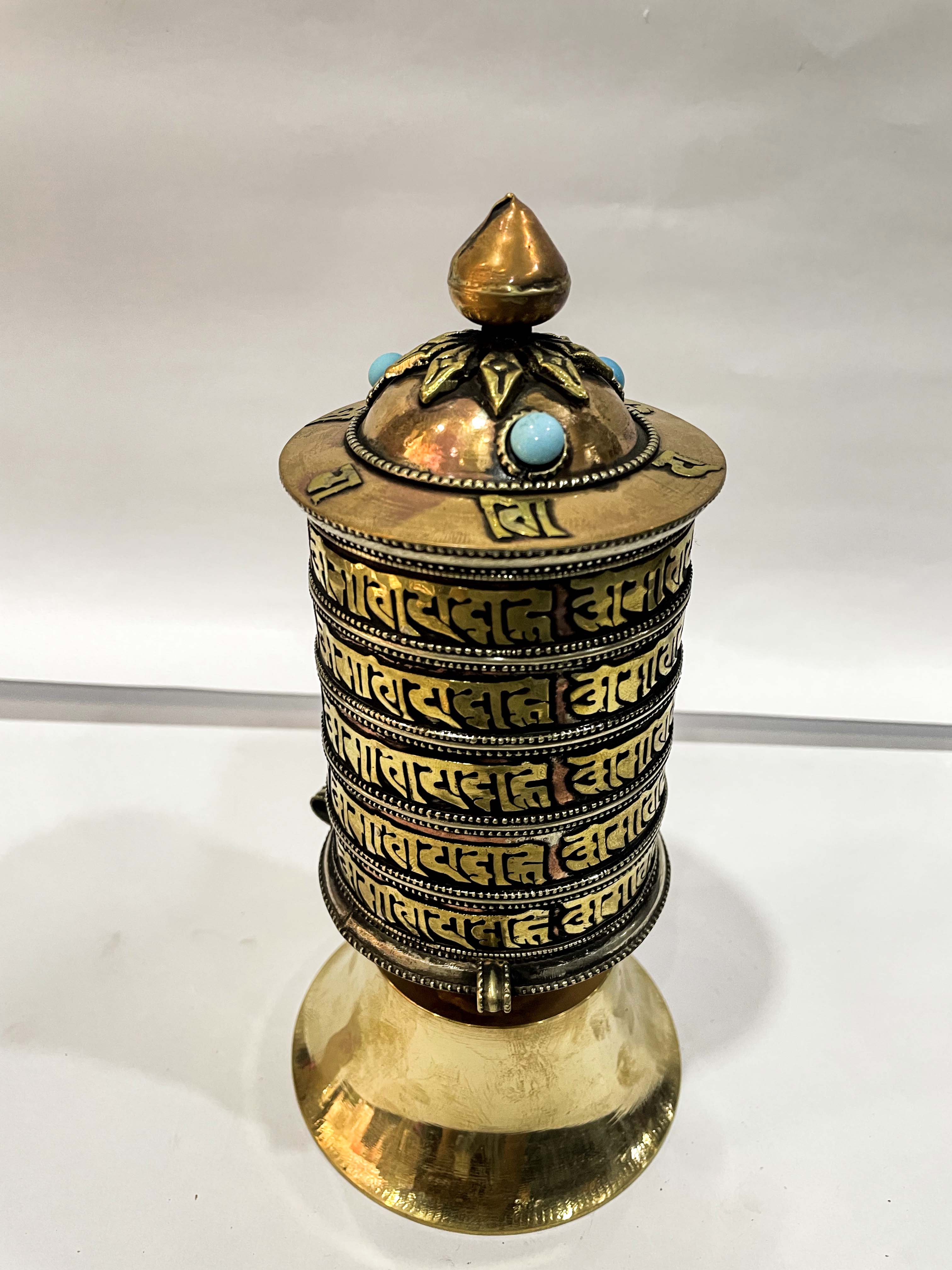 Table Prayer Wheel Big Size With Mantra Inside, oxidized With Embossed Mantra, And Stone Setting