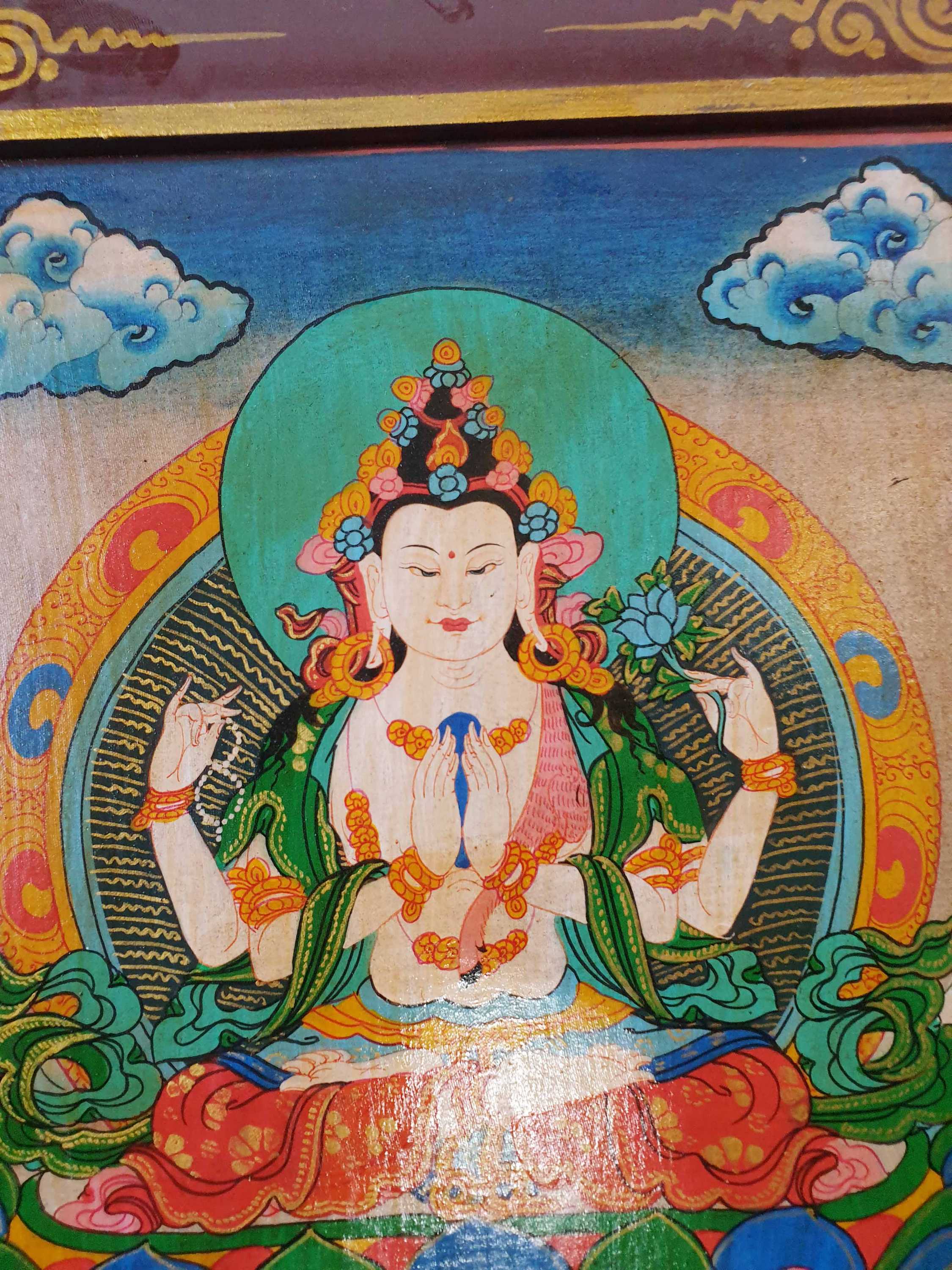 Tibetan Buddhist Thangka Painting Of Chenrezig, wooden Frame