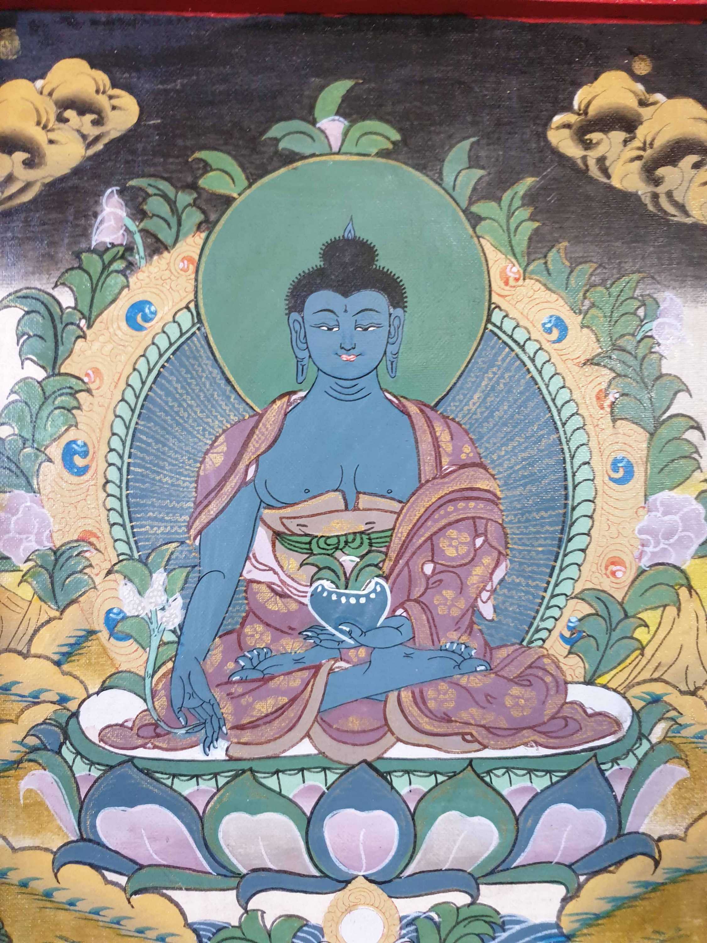 Tibetan Buddhist Thangka Painting Of Medicine Buddha, wooden Frame