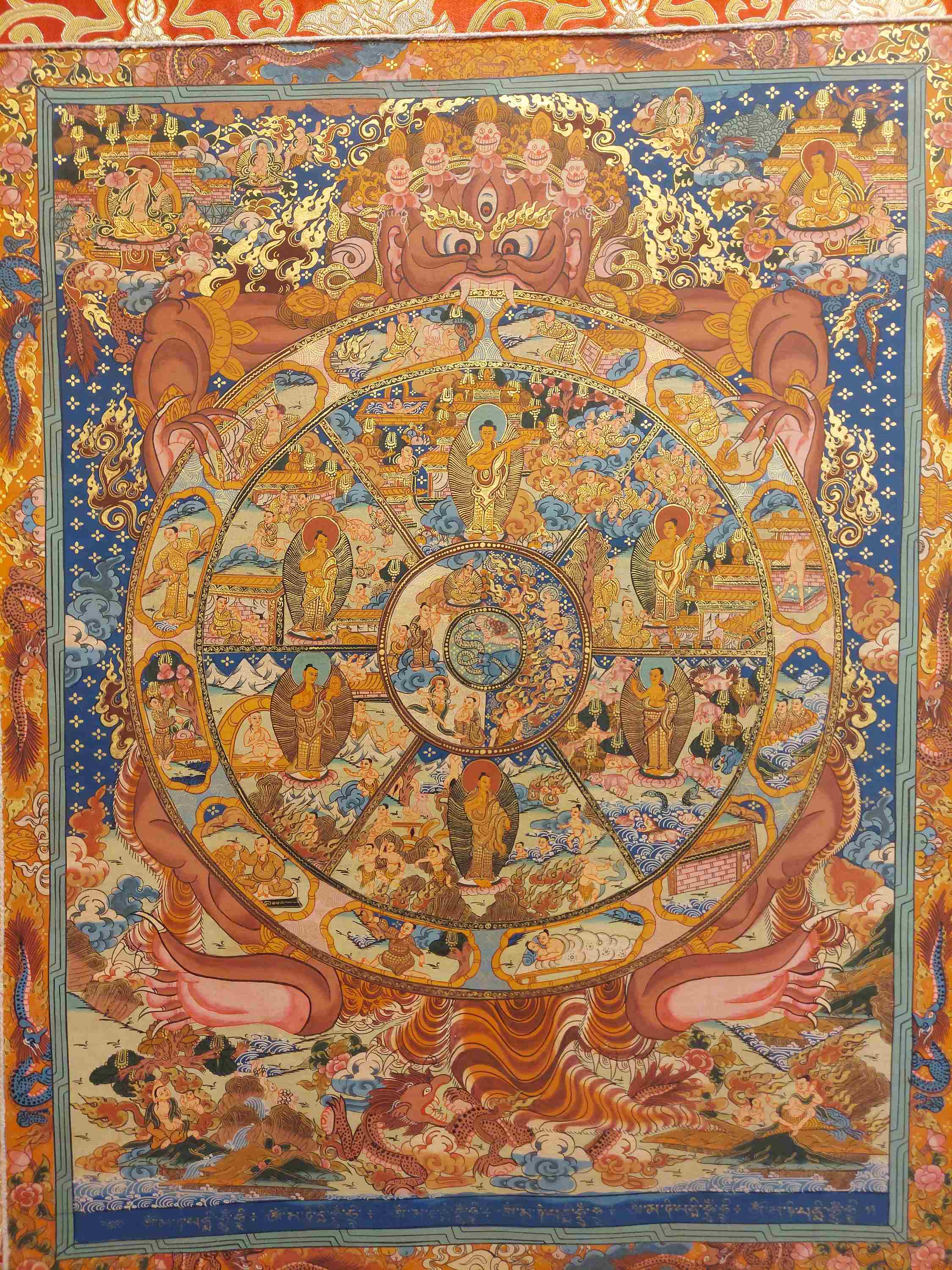 Buddhist Hand Painting Thangka Of Wheel Of Life, With Brocade, hand Painted
