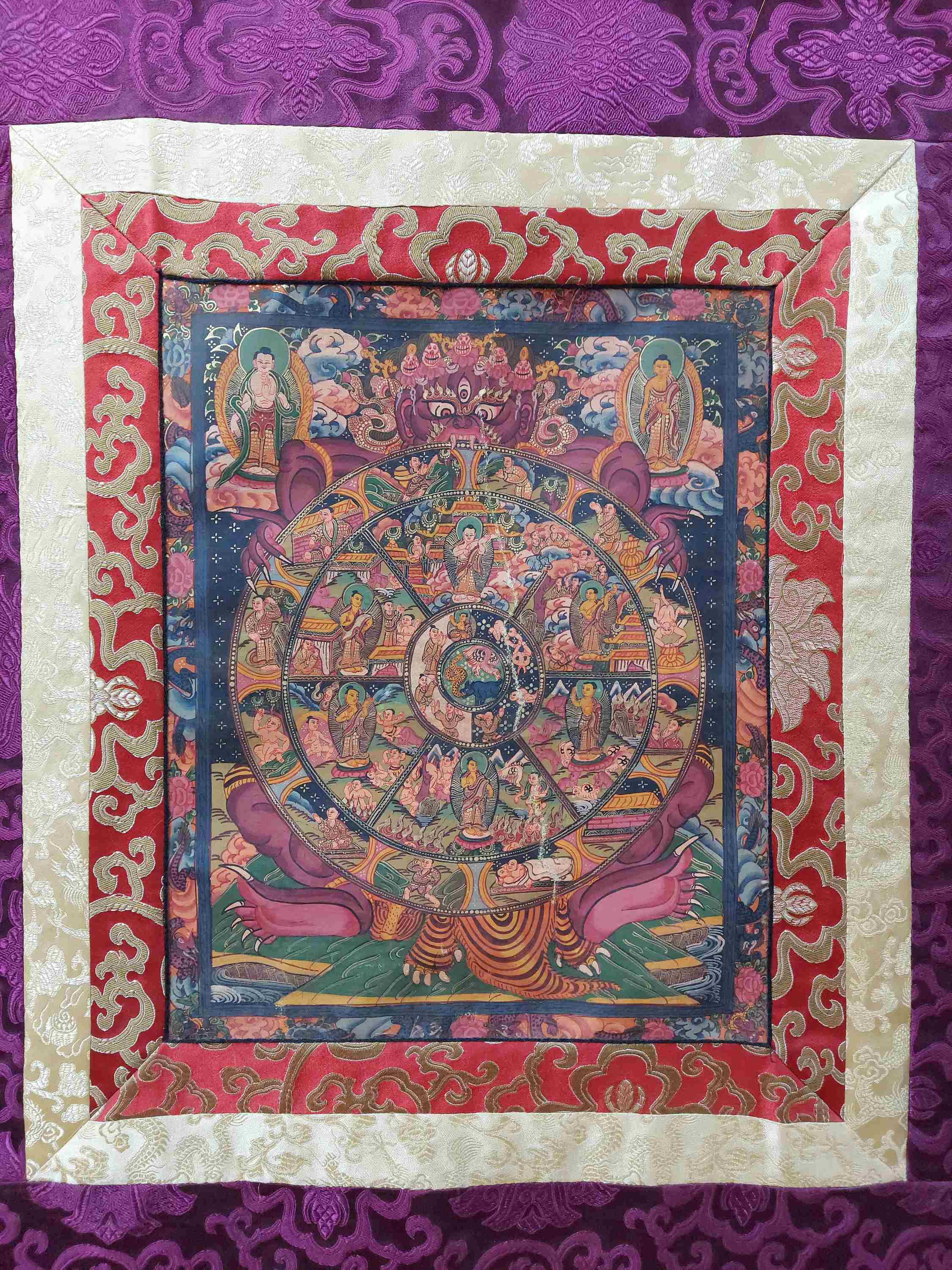 Buddhist Hand Painting Thangka Of Wheel Of Life With Polyester Brocade, hand Painted