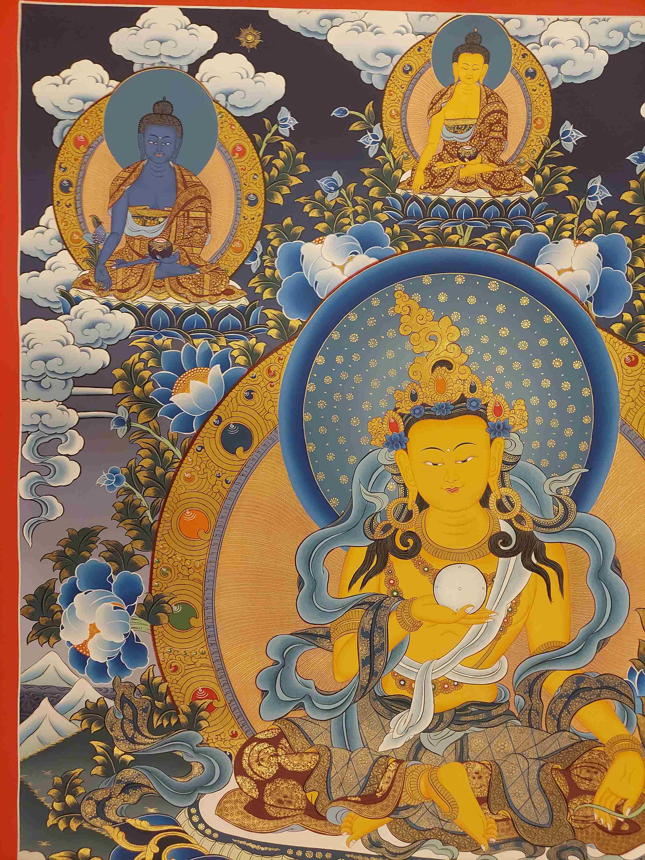 Buddhist Handmade Thangka Of Ksitigarbha - Bodhisattva, real Gold, Hand Painted, Real Gold