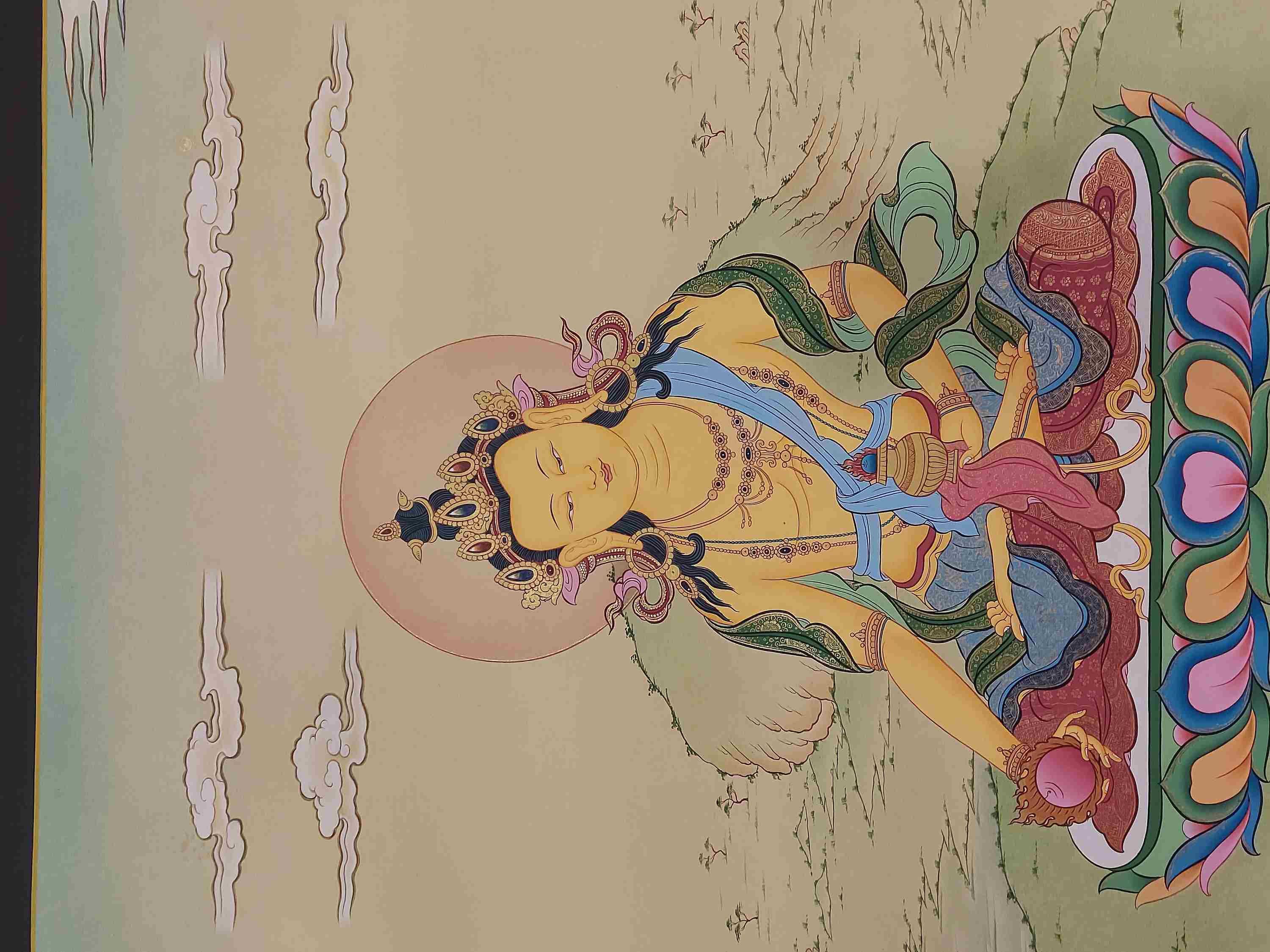 karma Gadri Art, Buddhist Handmade Thangka Of Ksitigarbha real Gold, Hand Painted