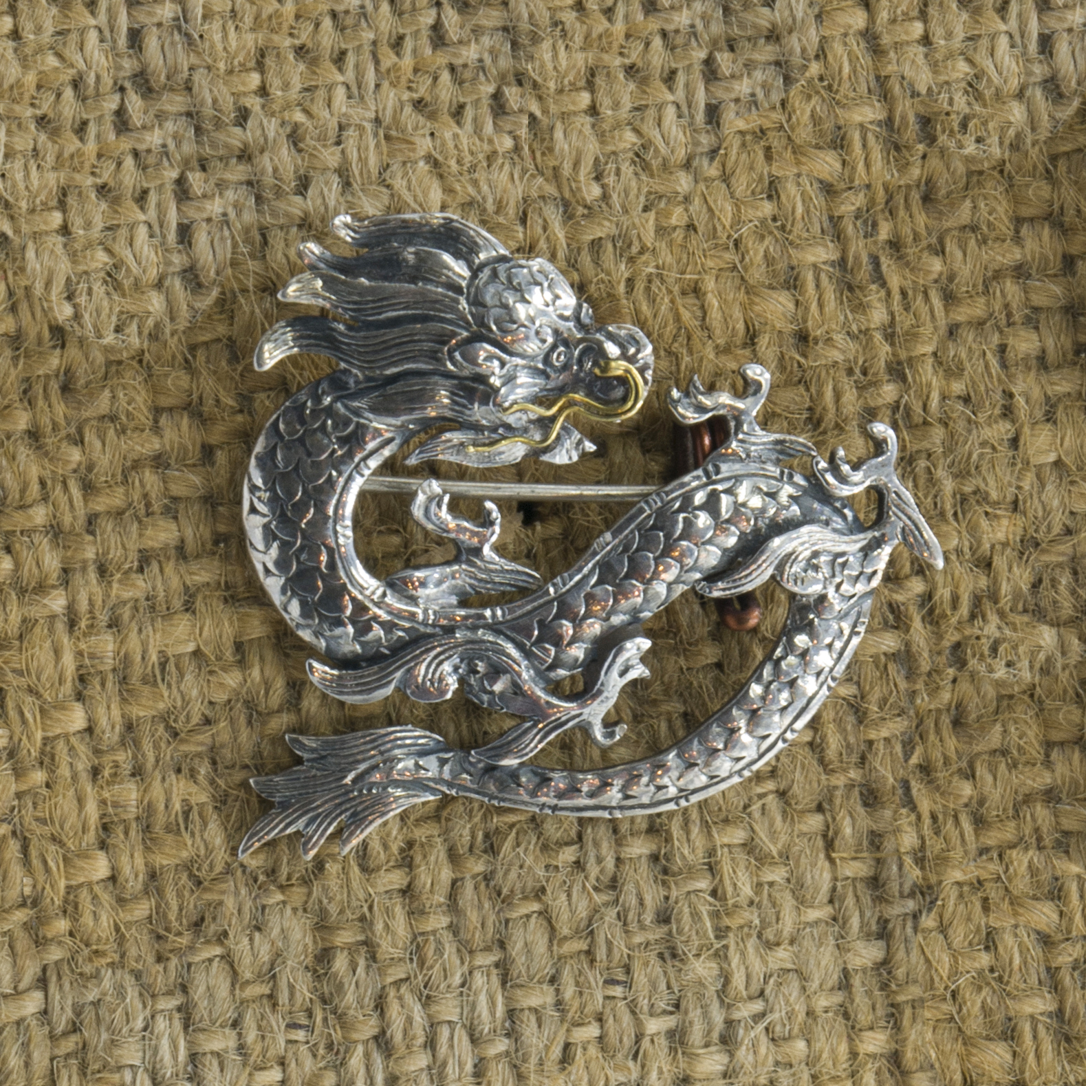 Classic Sterling Silver Dragon Theme Etched Brooch