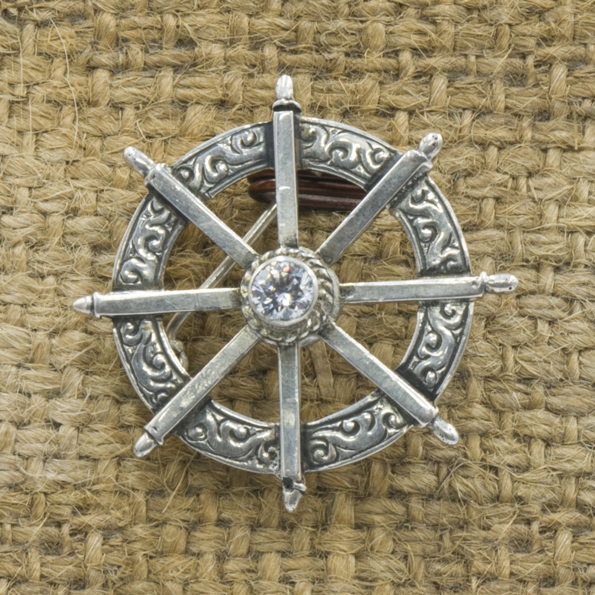 Classic Sterling Silver Dharmachakra Theme Etched Brooch, <span Style=