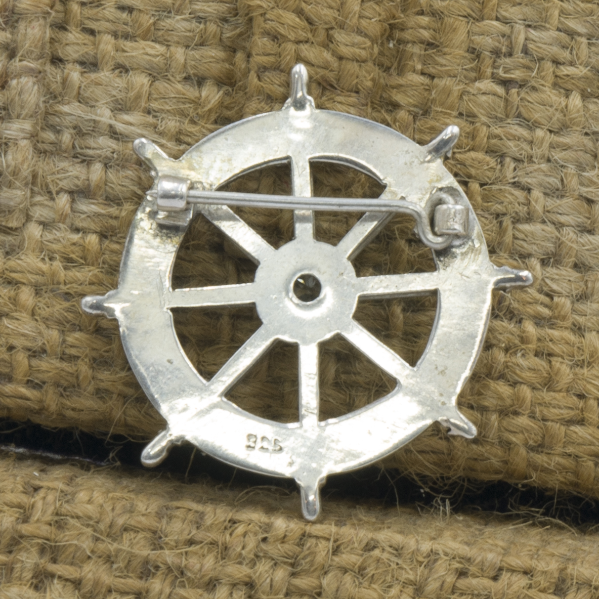 Classic Sterling Silver Dharmachakra Theme Etched Brooch, stone Setting