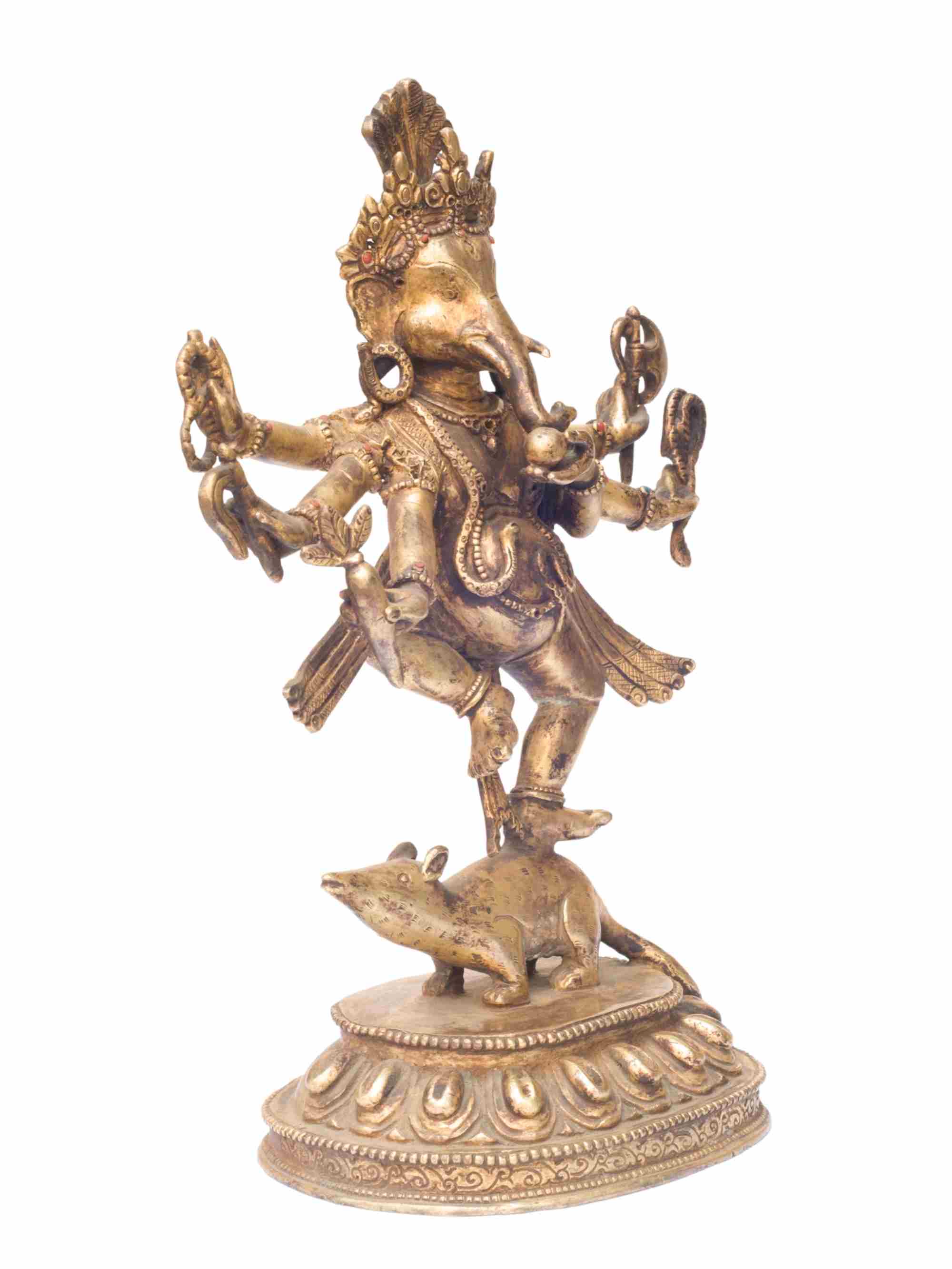 Buddhist Handmade Statue Of Standing Ganesh, gold Plated, antique