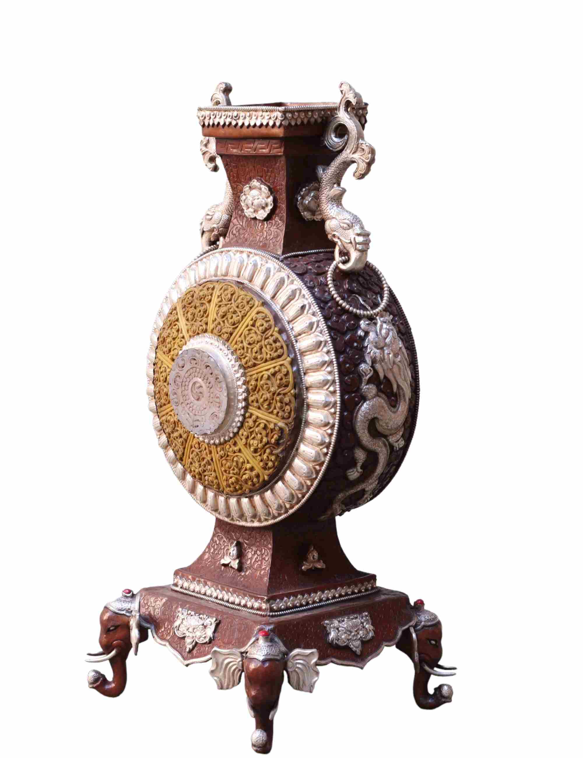 Copper Elephant Base Flower Vase With Resin yellow And Zade Stone, silver And Copper Plated