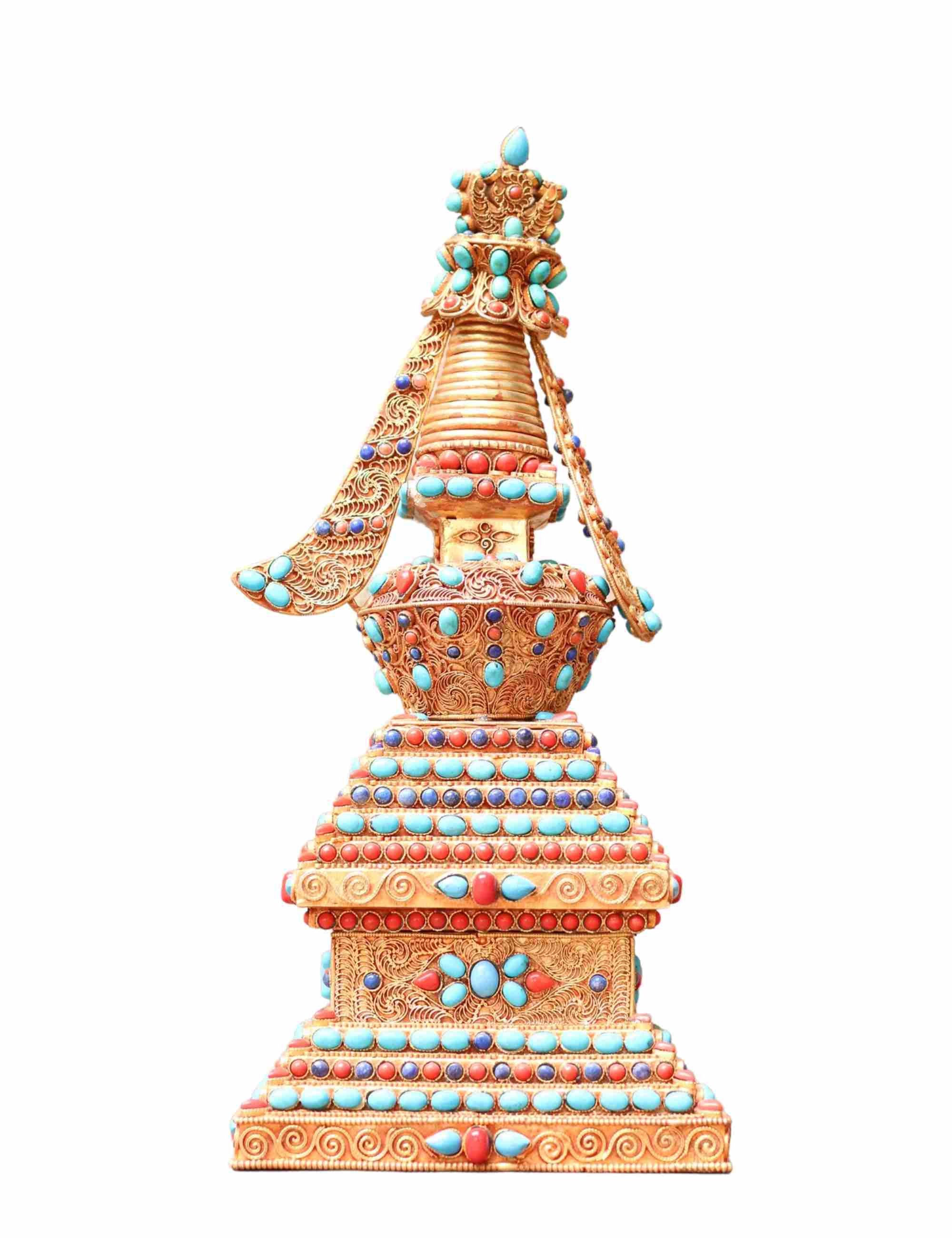 Buddhist Handmade Staue Of Stupa, gold Plated, stone Setting