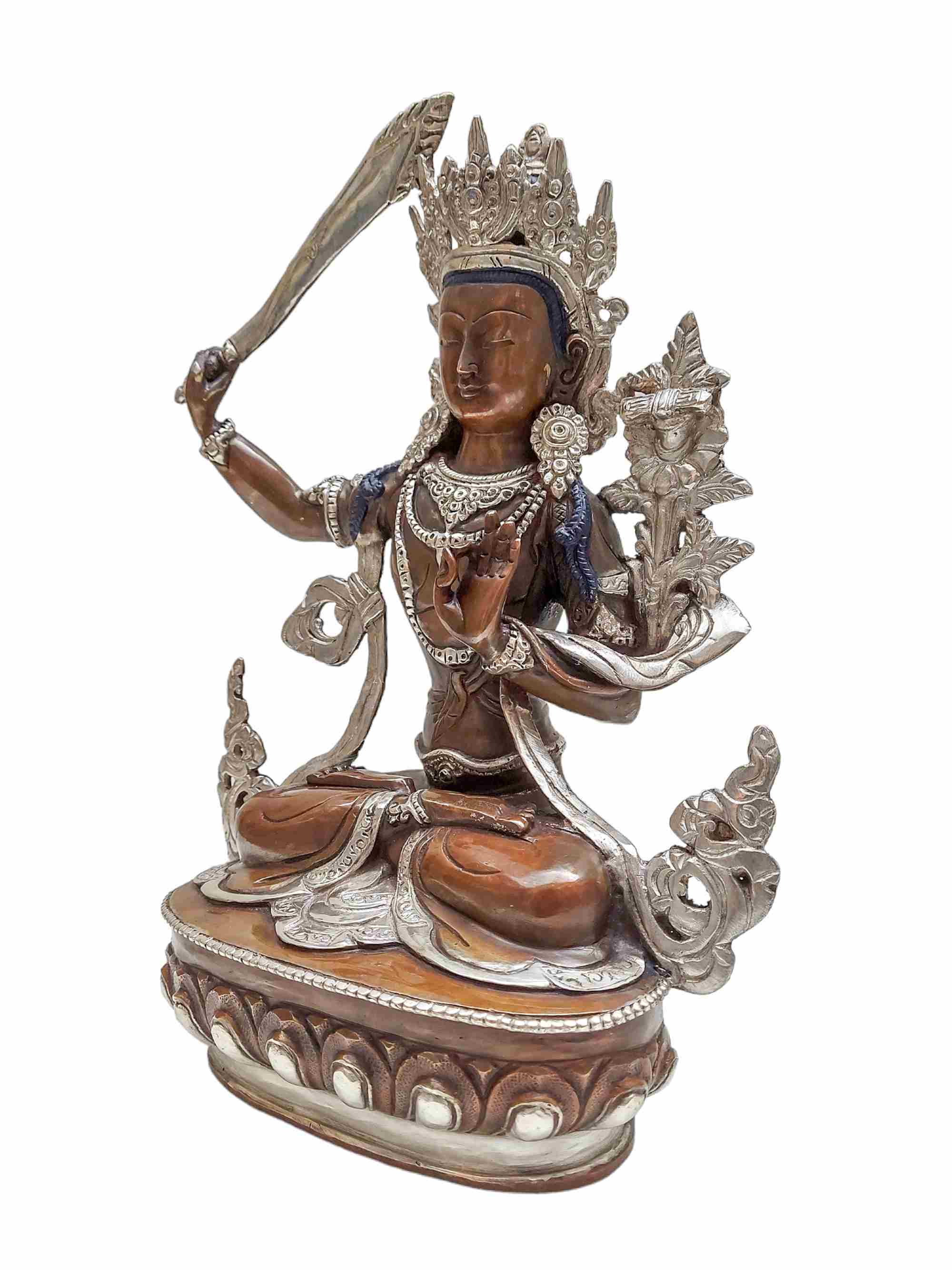 Buddhist Statue Of manjushri, silver And Chocolate Oxidized