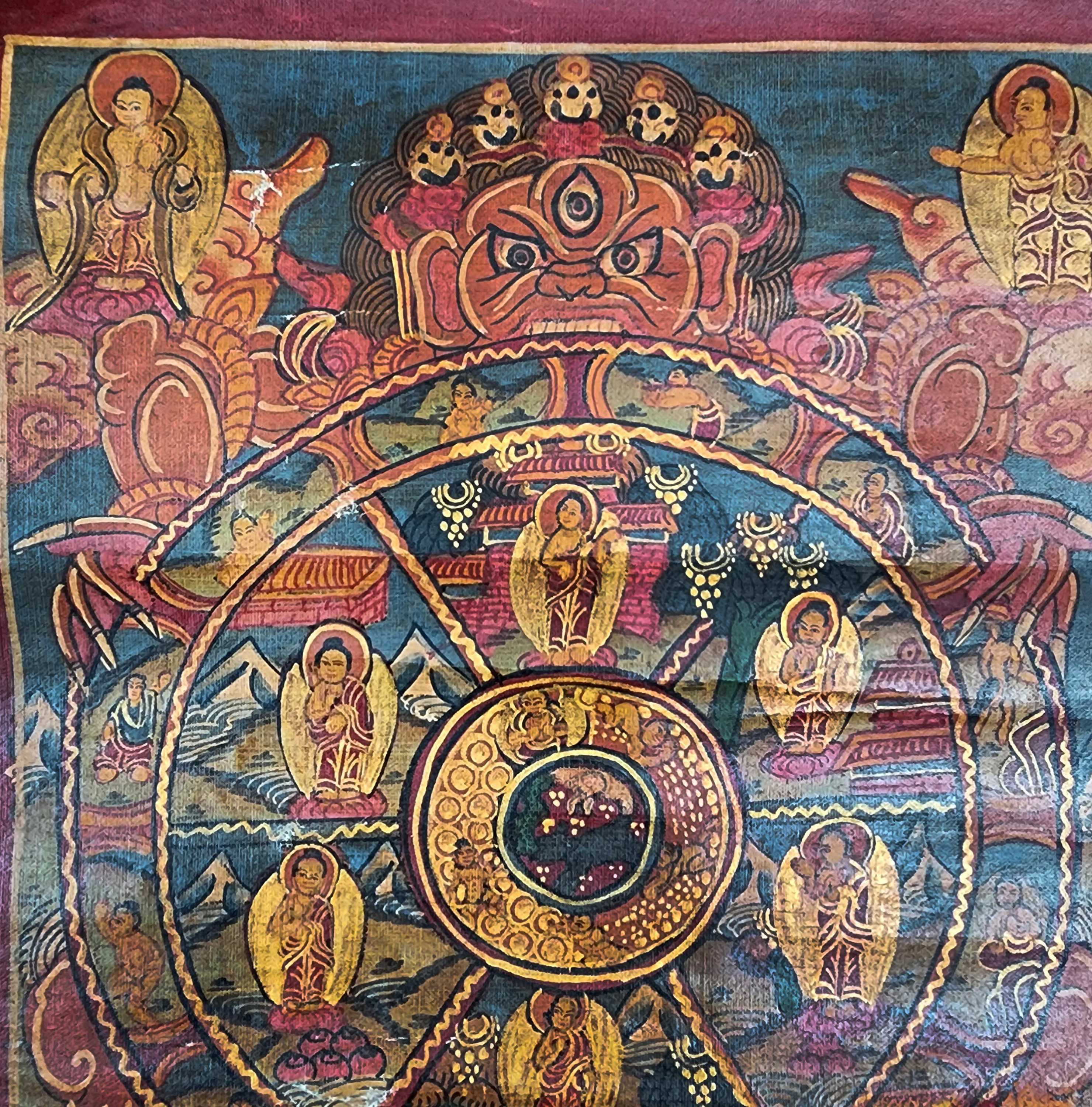 Buddhist Tibetan Thangka Of Wheel Of Life, hand Painted, antique