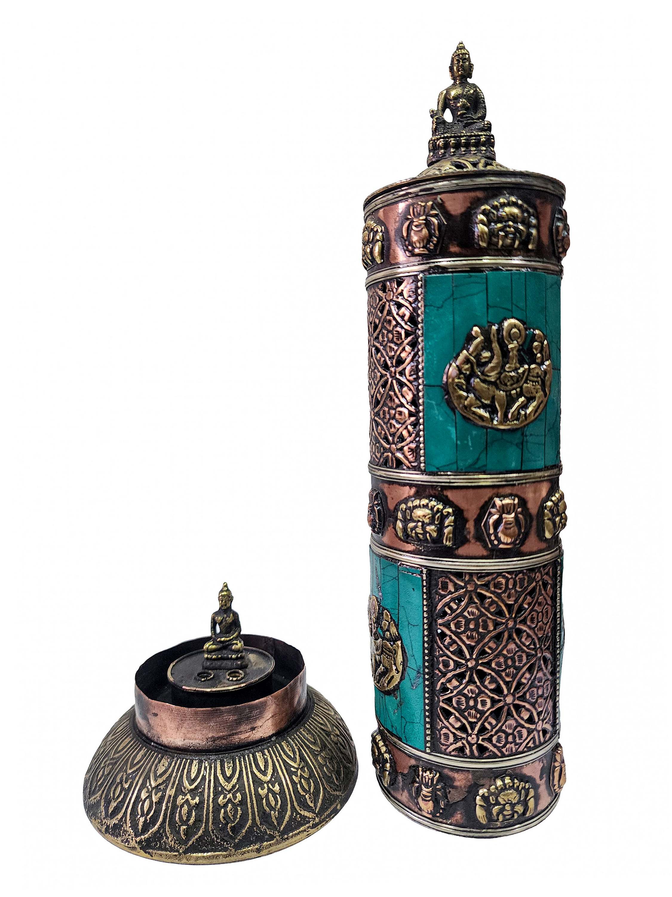 Hand Beaten Metal Incense Burner Stand, Ashtamangala, <span Style=