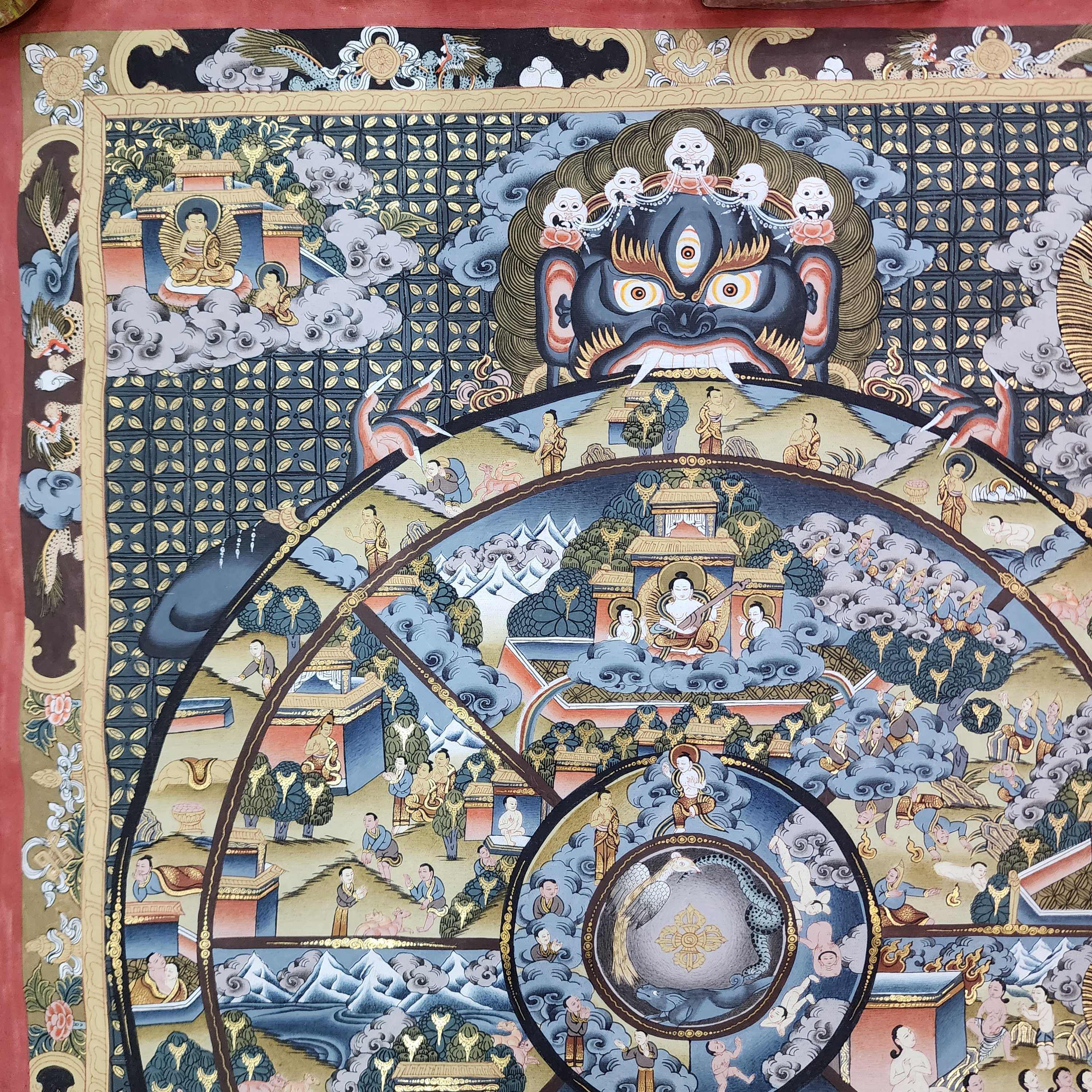 art From Bhaktapur, Buddhist Handmade Thangka Of Wheel Of Life, hand Painted, antique, real Gold