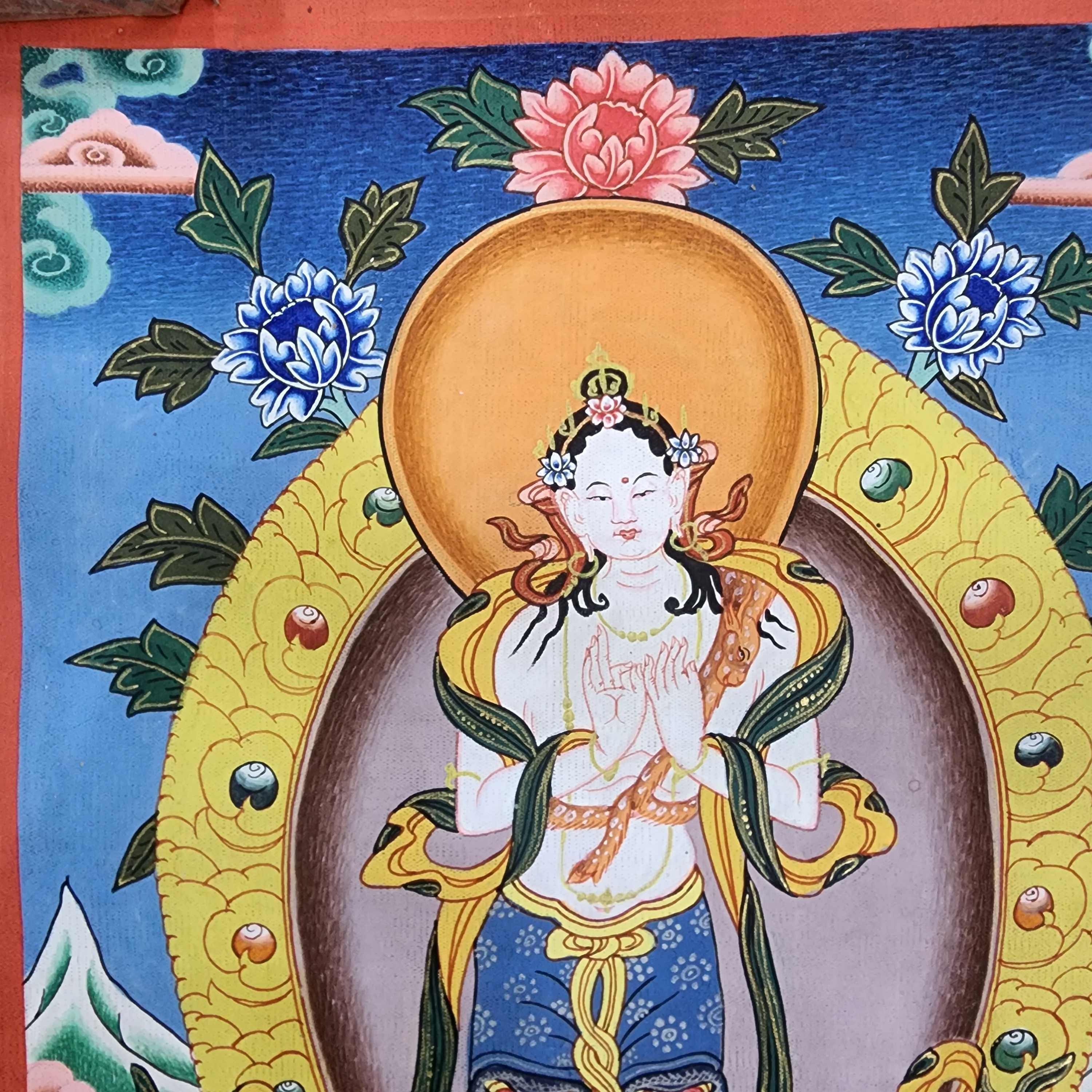 art From Bhaktapur, Buddhist Handmade Thangka Painting Of Bodhisattva, antique, real Gold