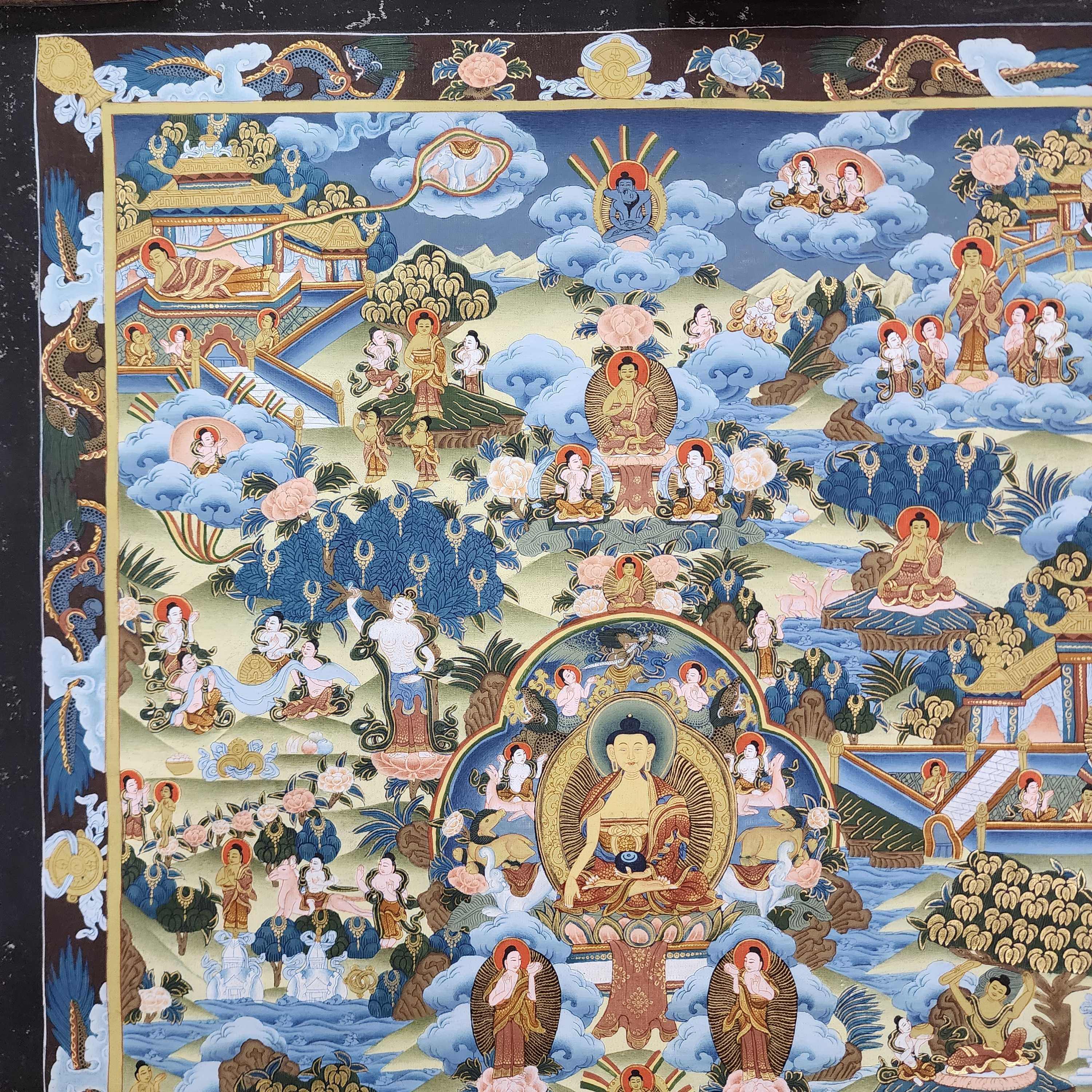 art From Bhaktapur, Buddhist Handmade Thangka Of Buddha Life Story, hand Painted, antique, real Gold