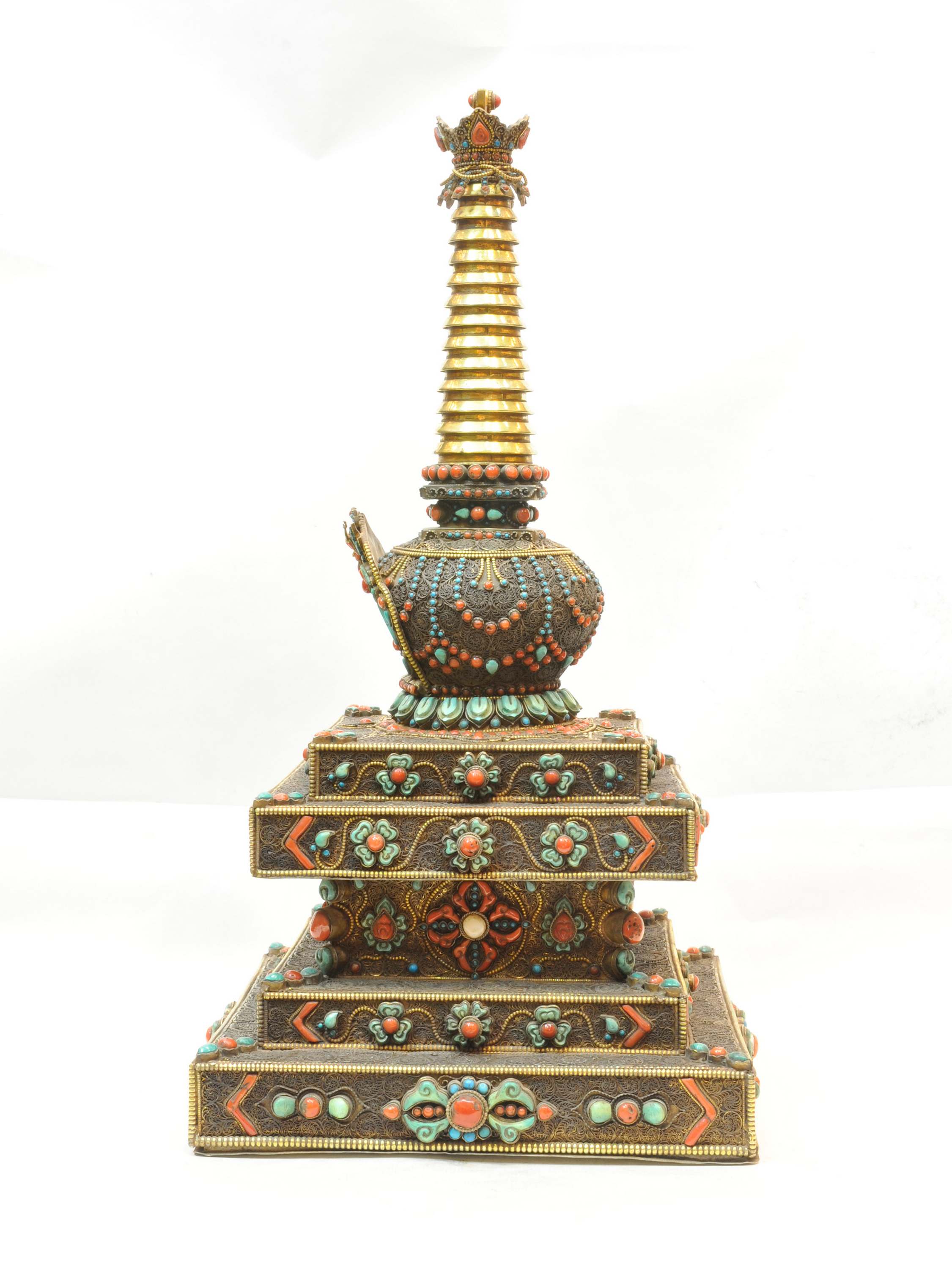 Buddhist Handmade Stupa, gold Plated, stone Setting