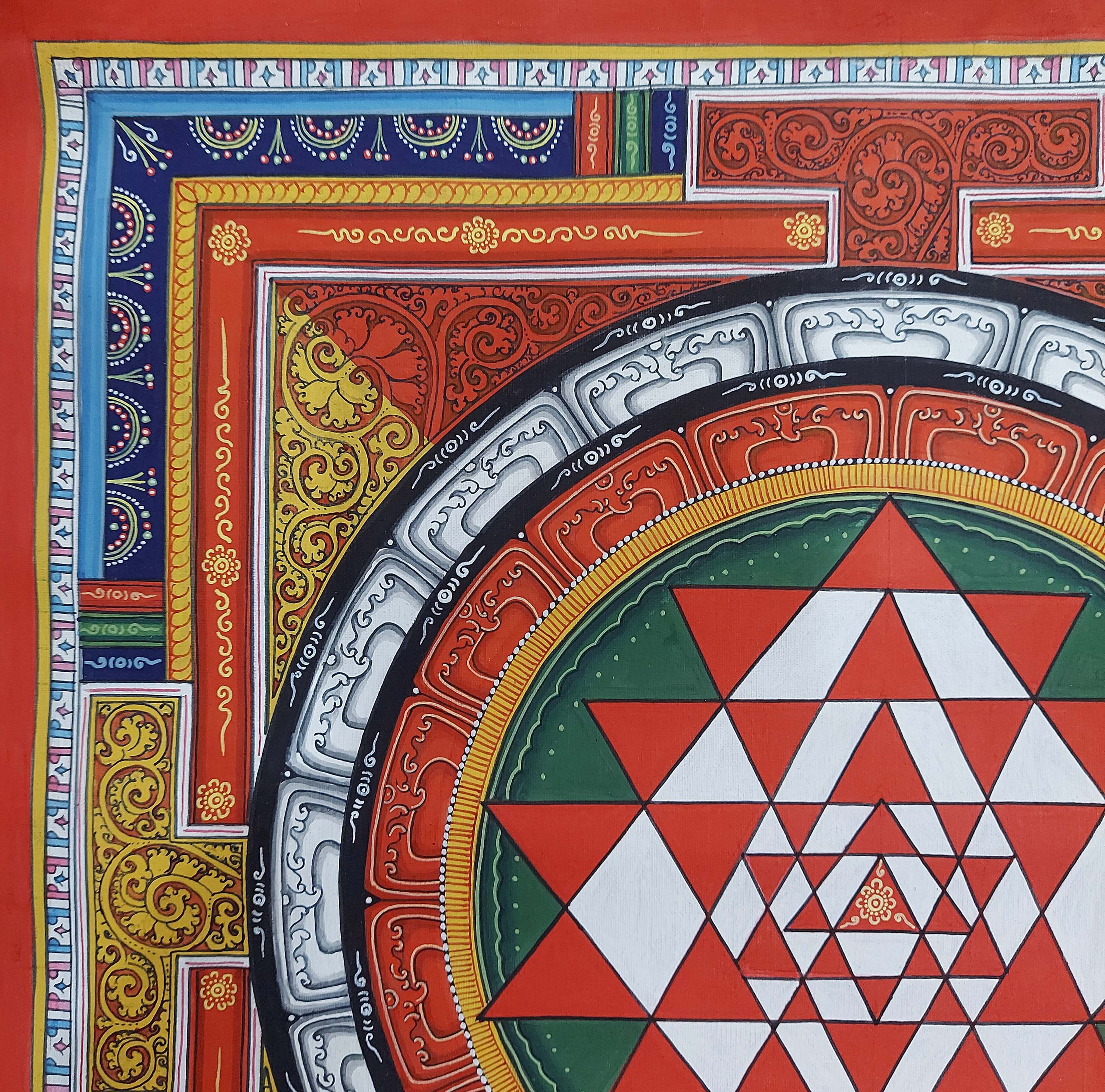 art From Bhaktapur, Buddhist Handmade Thangka Of Mandala, With yantra Design, hand Painted, antique, real Gold