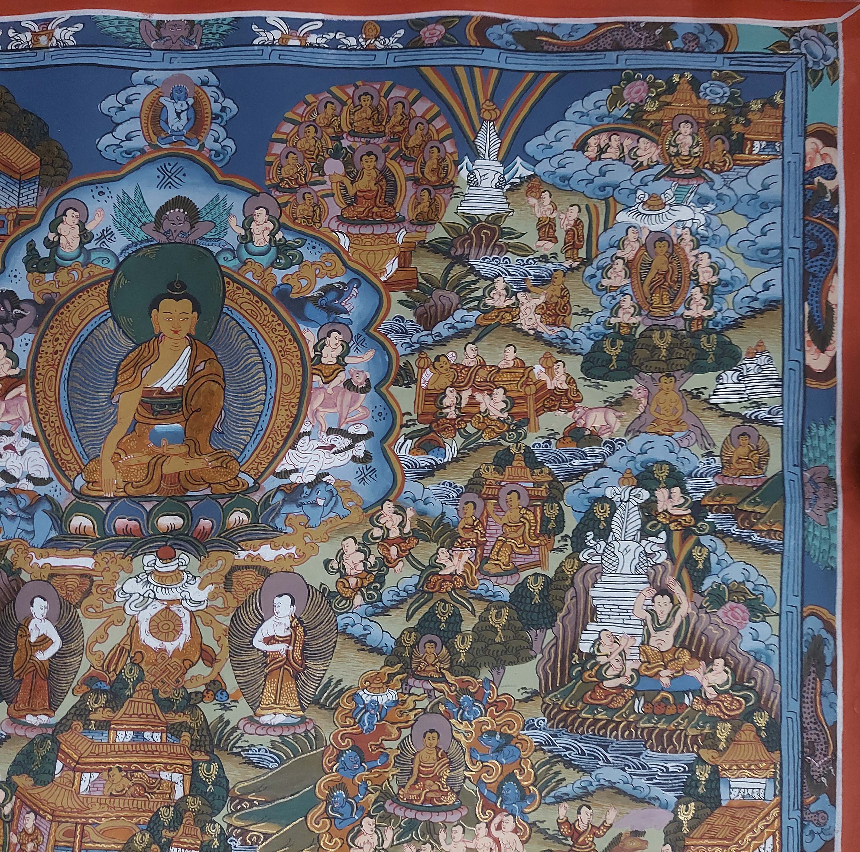 art From Bhaktapur, Buddhist Handmade Thangka Of Buddha Life Story, hand Painted, antique, real Gold