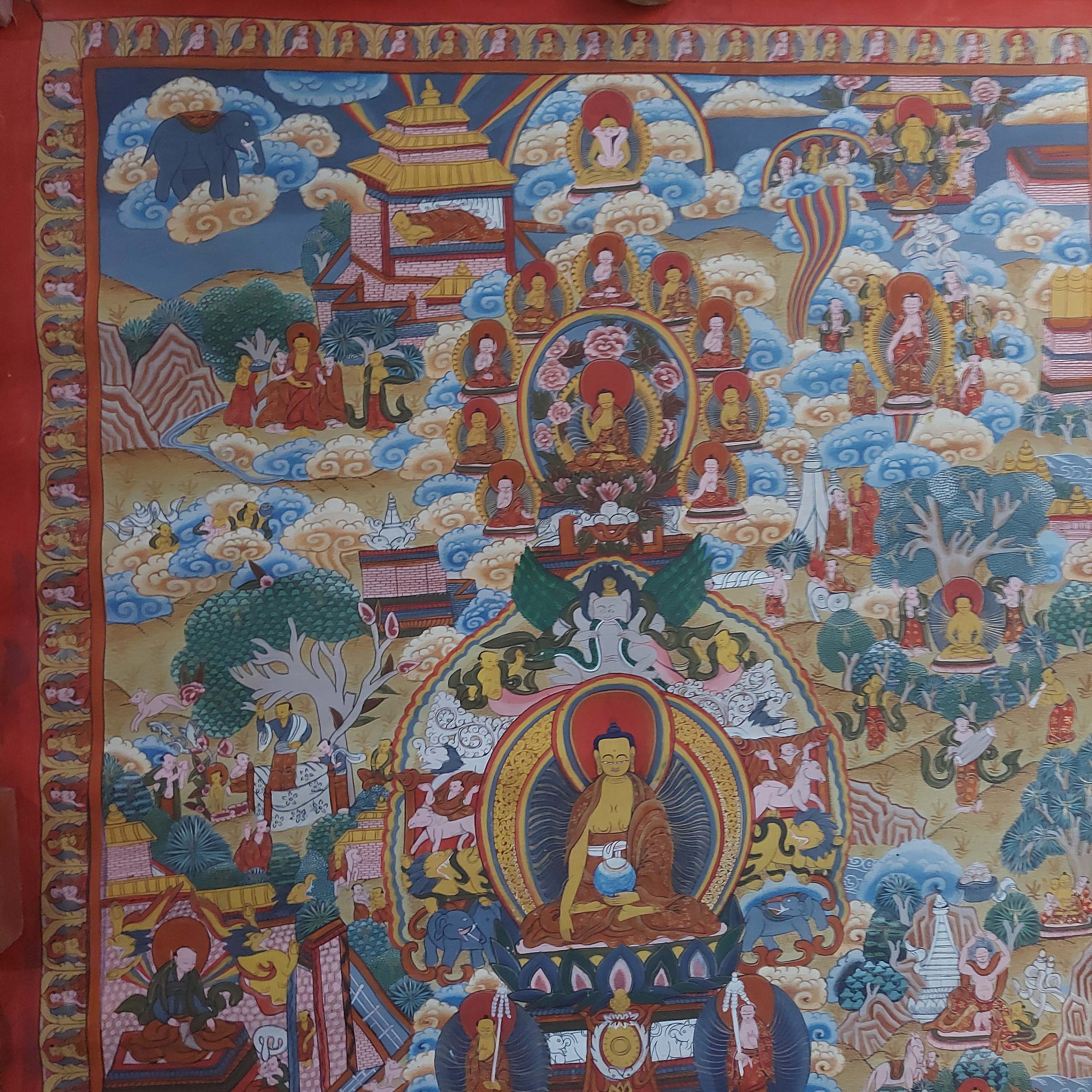 art From Bhaktapur, Buddhist Handmade Thangka Of Buddha Life Story, hand Painted, antique, real Gold