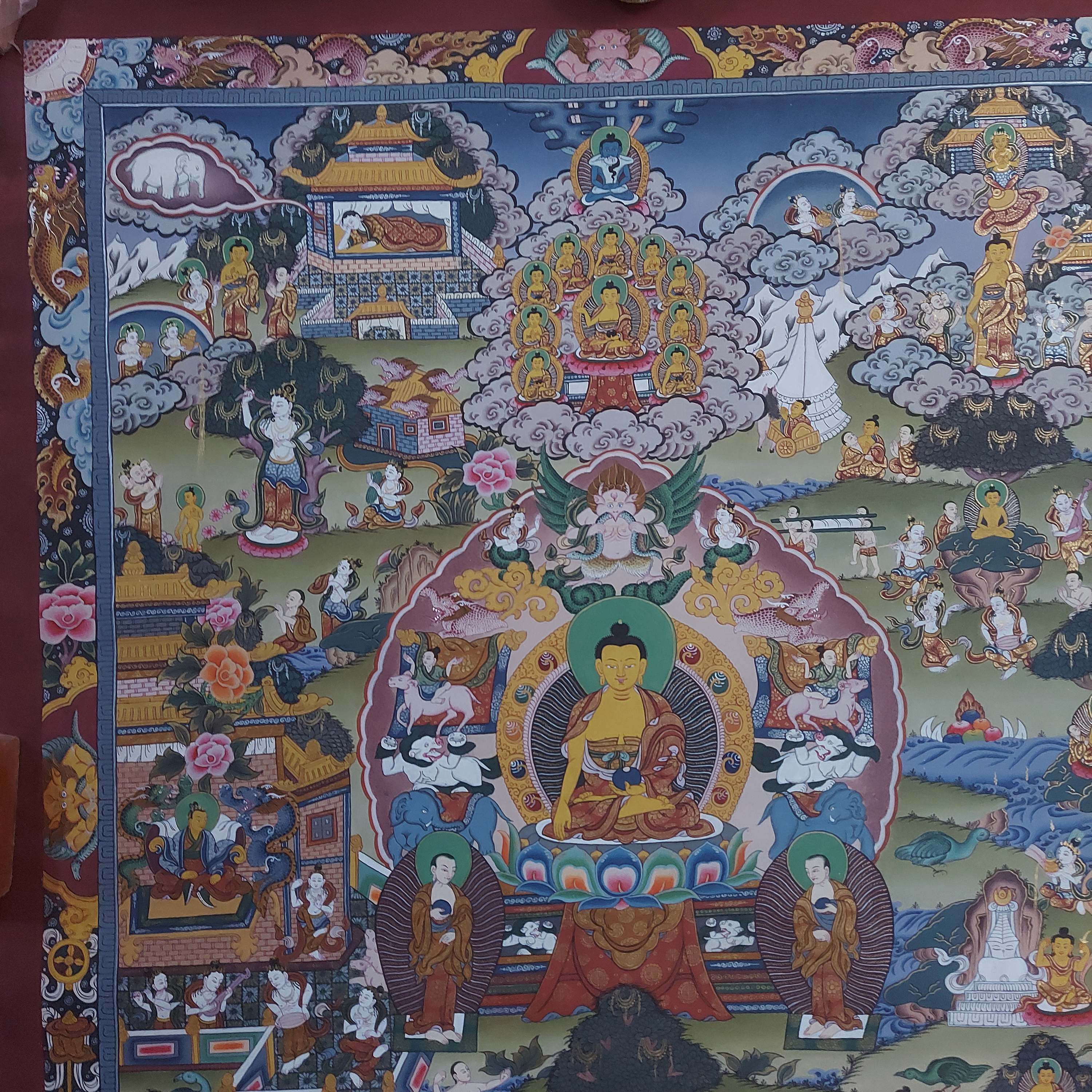 art From Bhaktapur, Buddhist Handmade Thangka Of Buddha Life Story, hand Painted, antique, real Gold