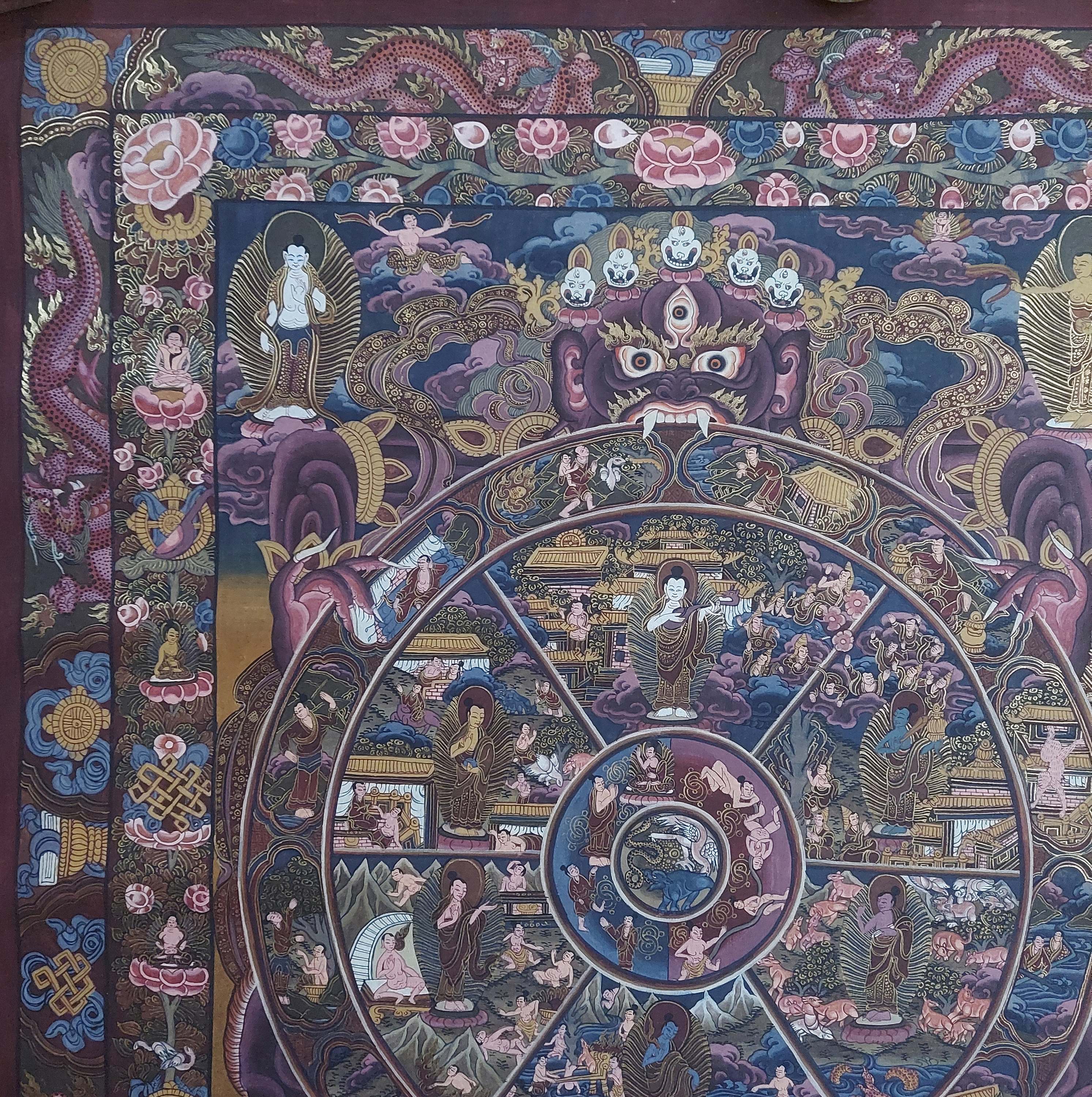 art From Bhaktapur, Buddhist Handmade Thangka Of Wheel Of Life, hand Painted, antique, real Gold