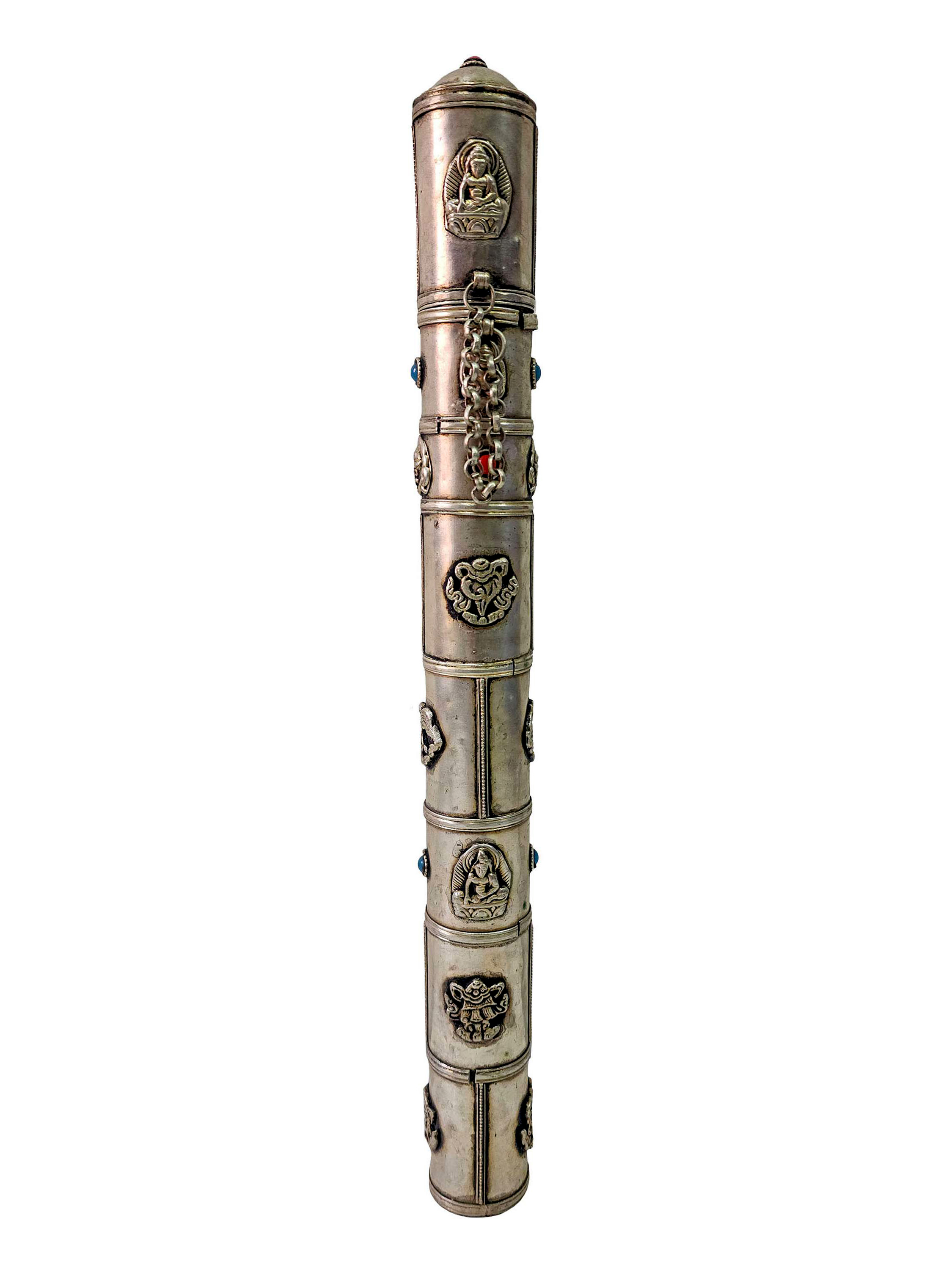 Hand Beaten Metal Incense Holder, Ashtamangala, Stone Setting
