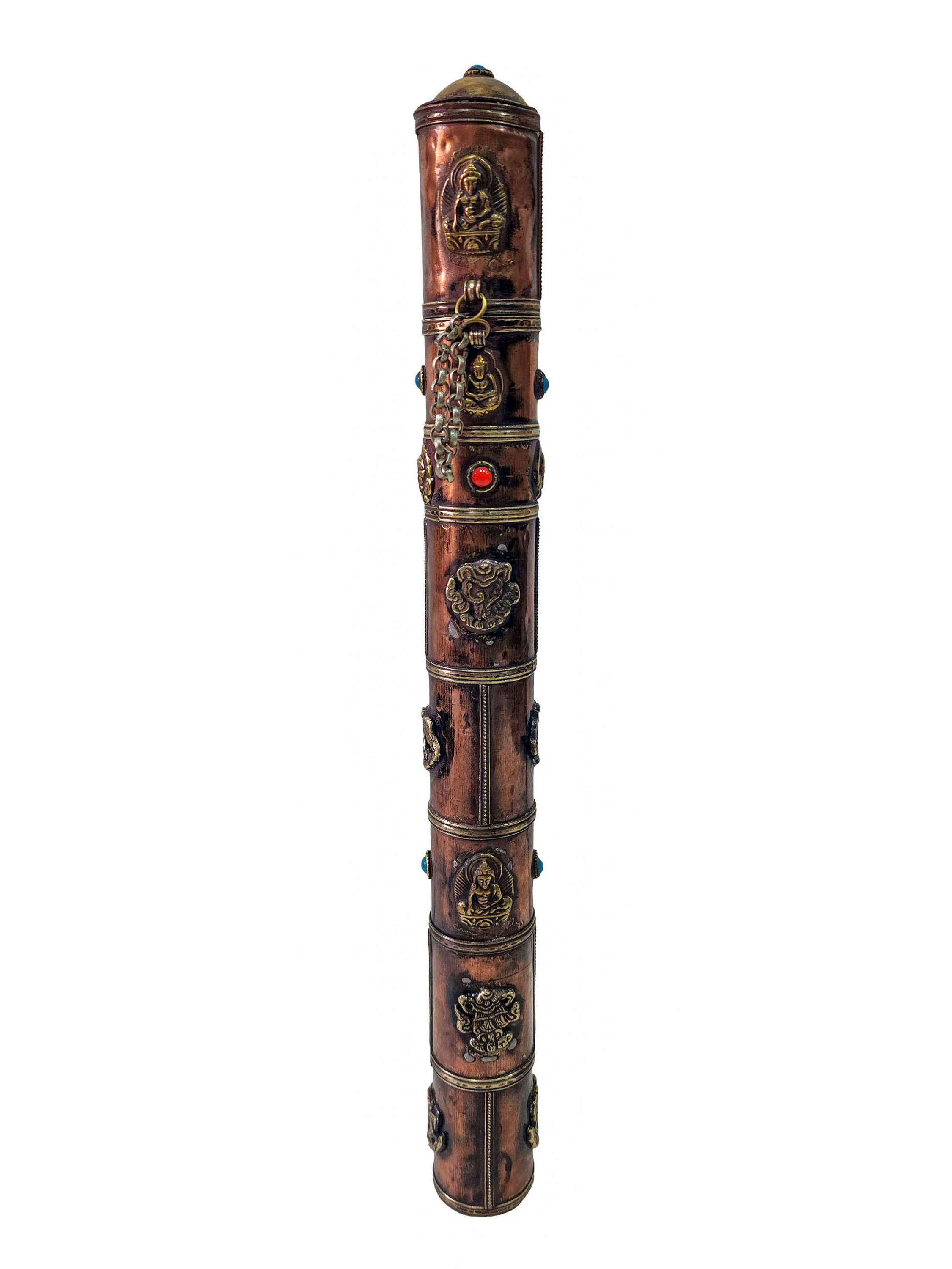 Hand Beaten Metal Incense Holder, Ashtamangala, Stone Setting