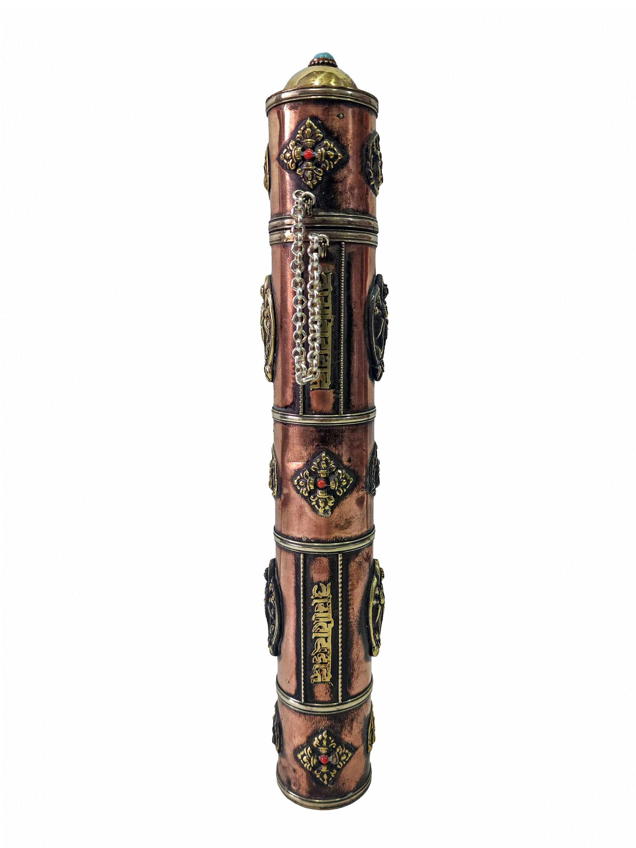 Hand Beaten Metal Incense Holder, Ashtamangala, Stone Setting