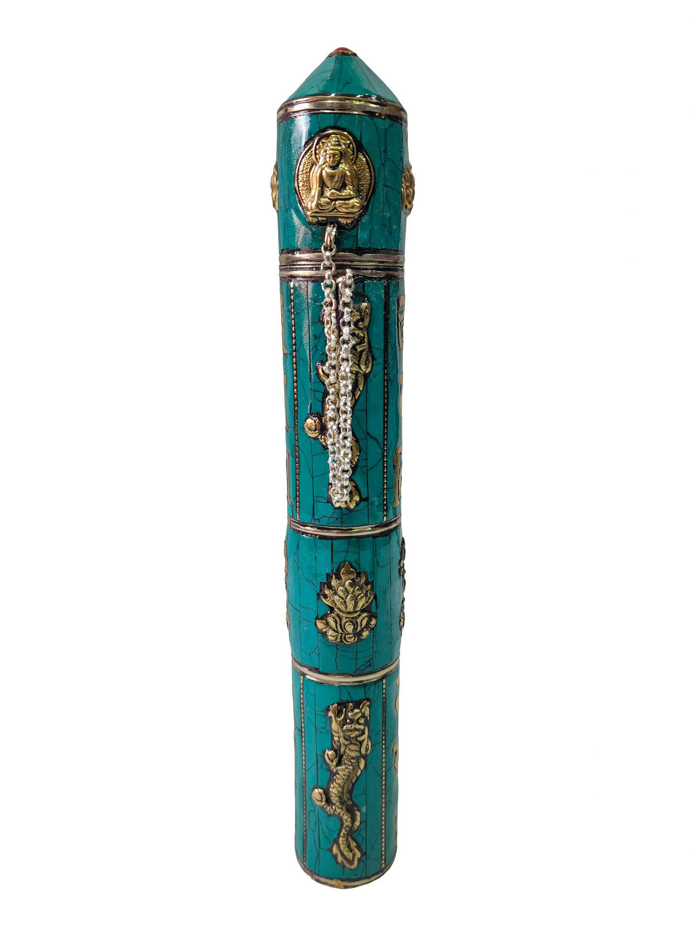 Hand Beaten Metal Incense Holder, Ashtamangala, Turquoise Setting