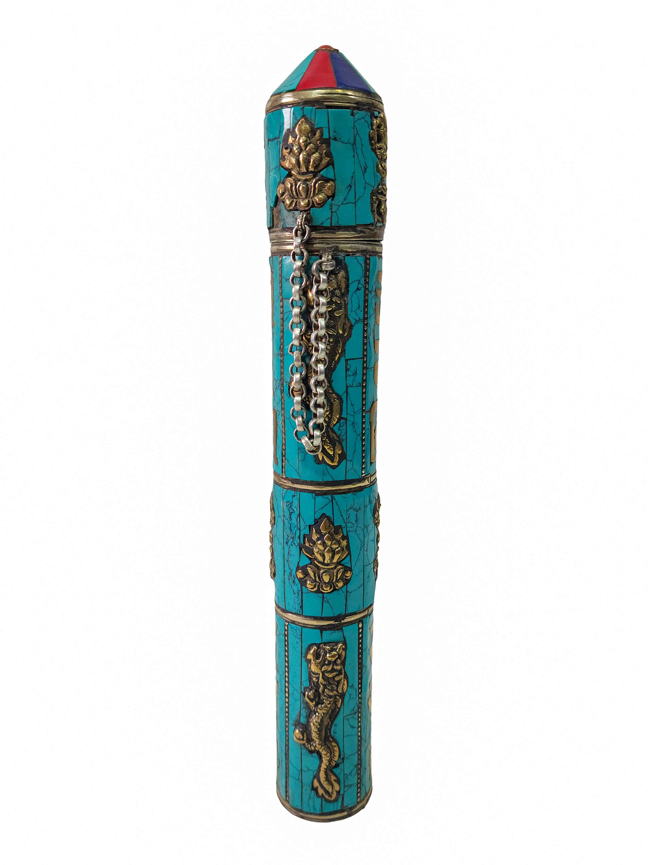 Hand Beaten Metal Incense Holder, Ashtamangala, Stone Setting