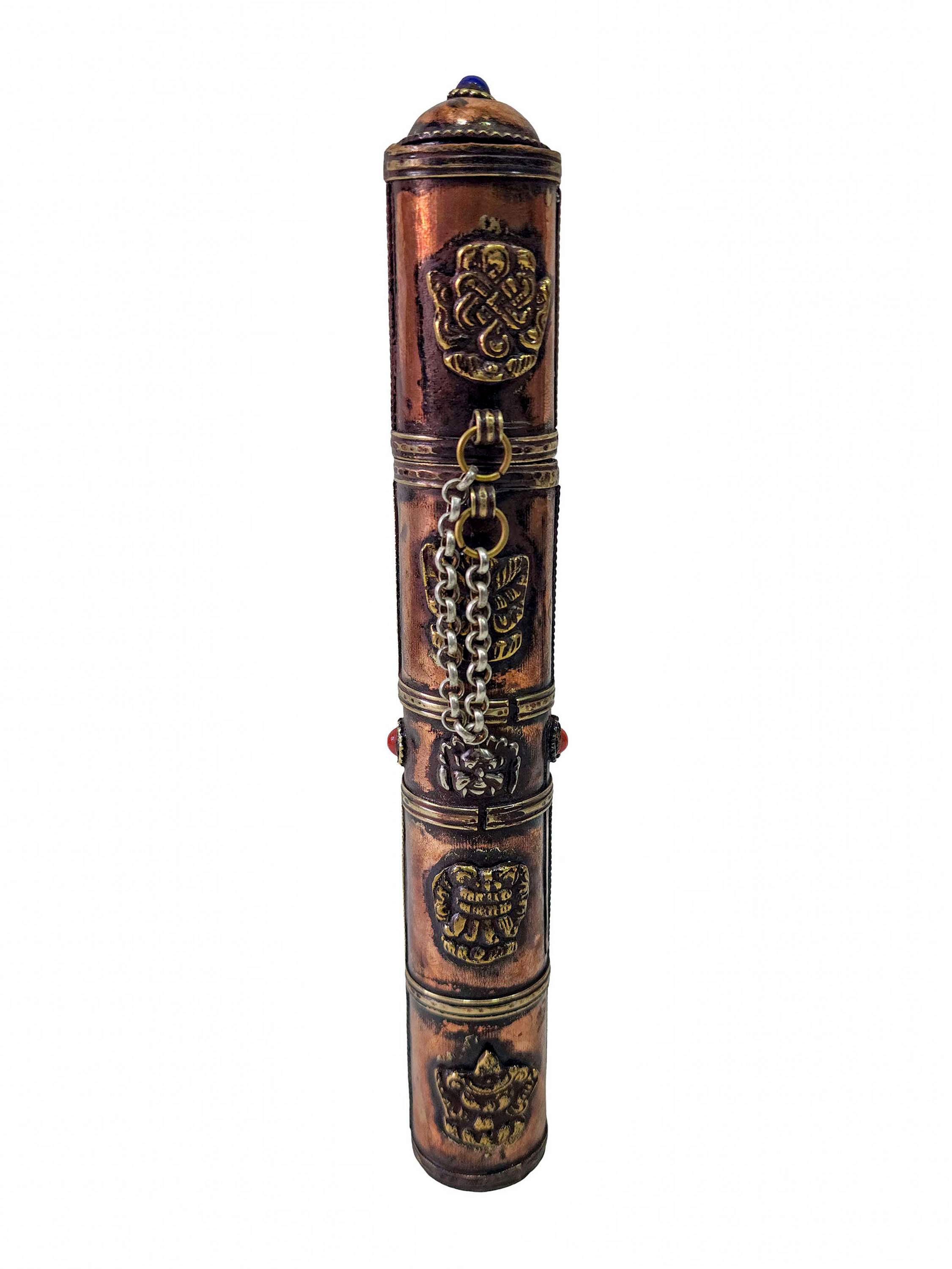 Hand Beaten Metal Incense Holder, Ashtamangala, Stone Setting