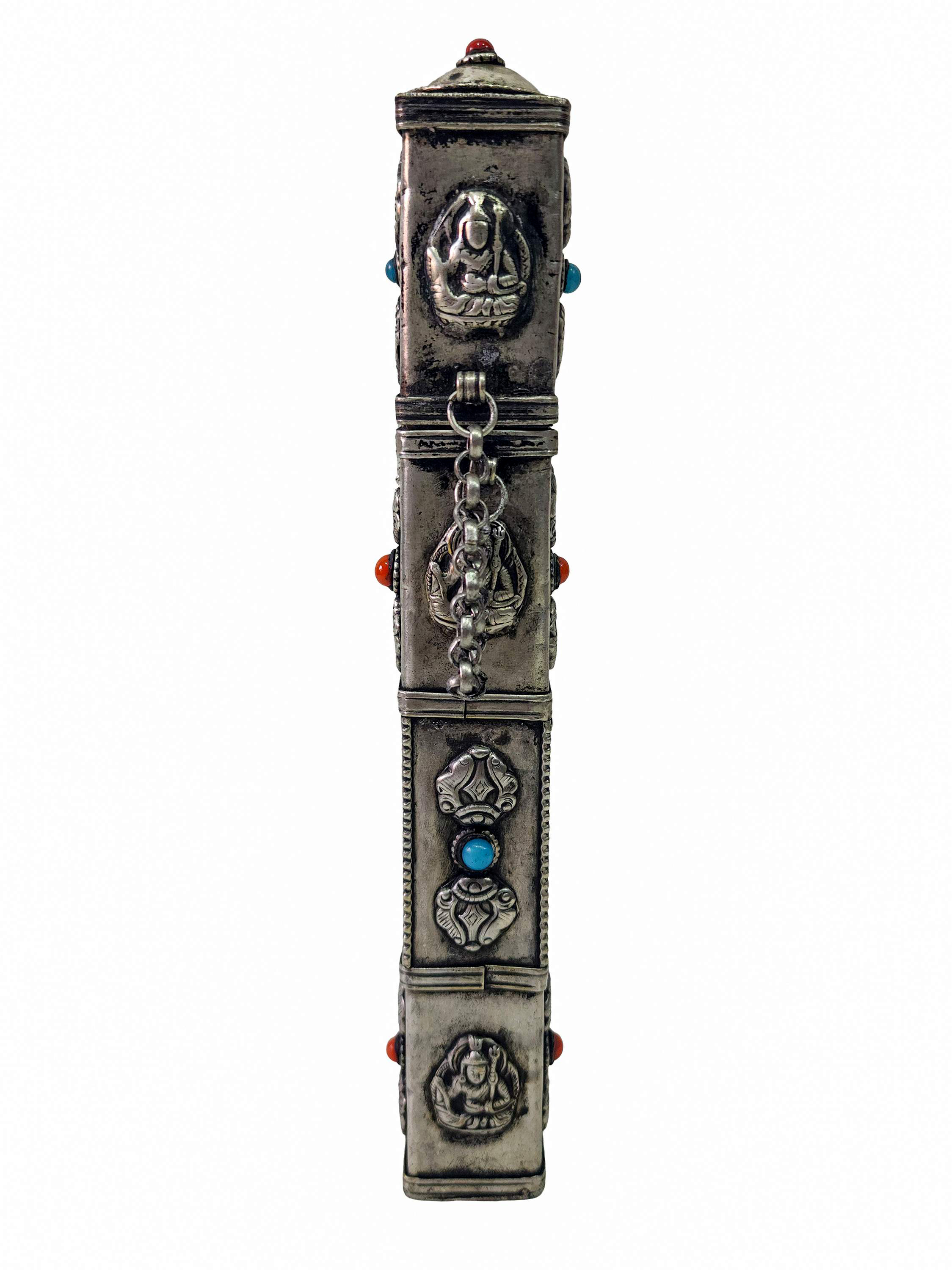 Hand Beaten Metal Incense Holder, Ashtamangala, Stone Setting