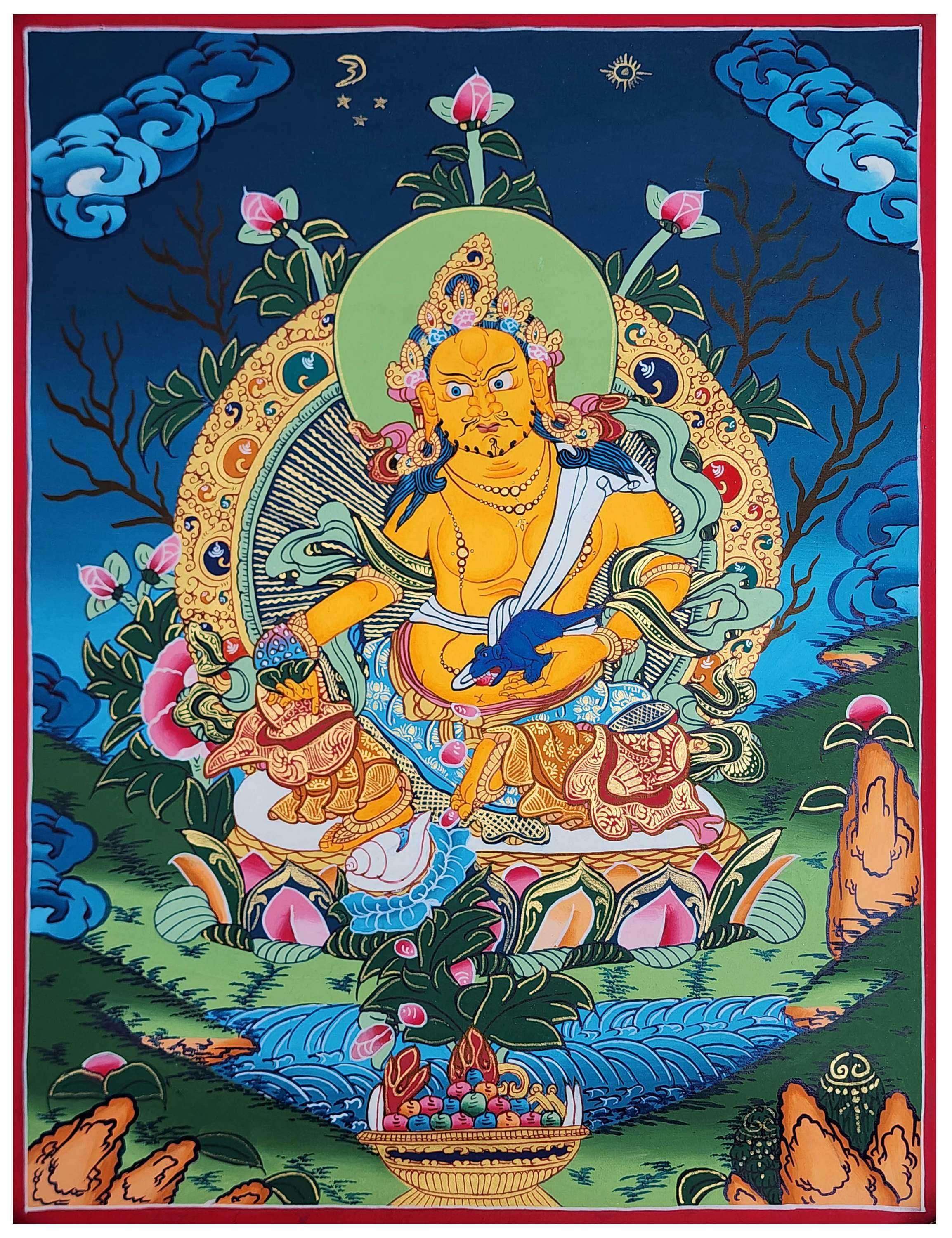 Yellow Jambhala Thangka, Buddhist Traditional Painting, Tibetan Style