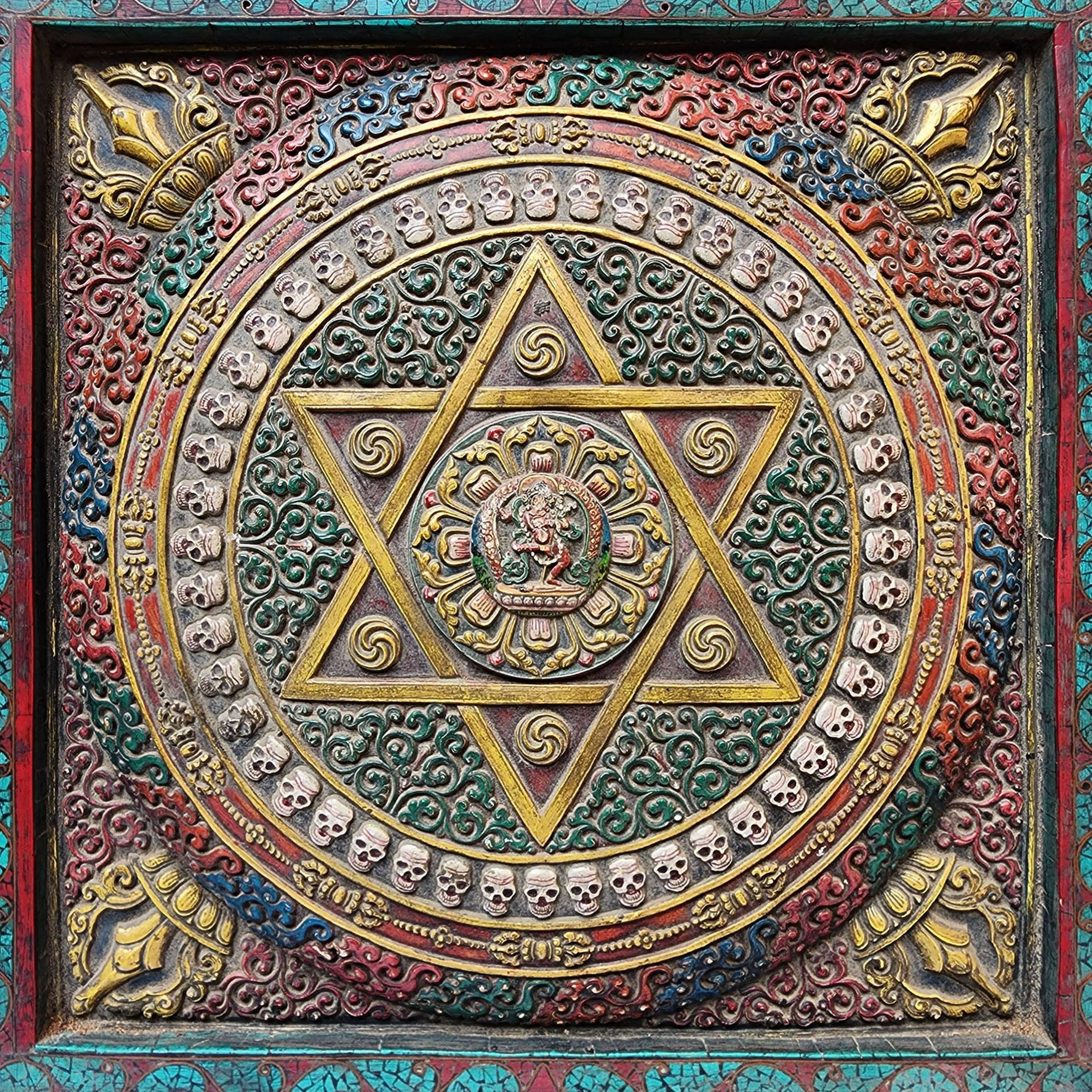 Wooden Mandala With Stone Setting, Pancha Buddha On Top And Other Bodhisattva At The Bottom
