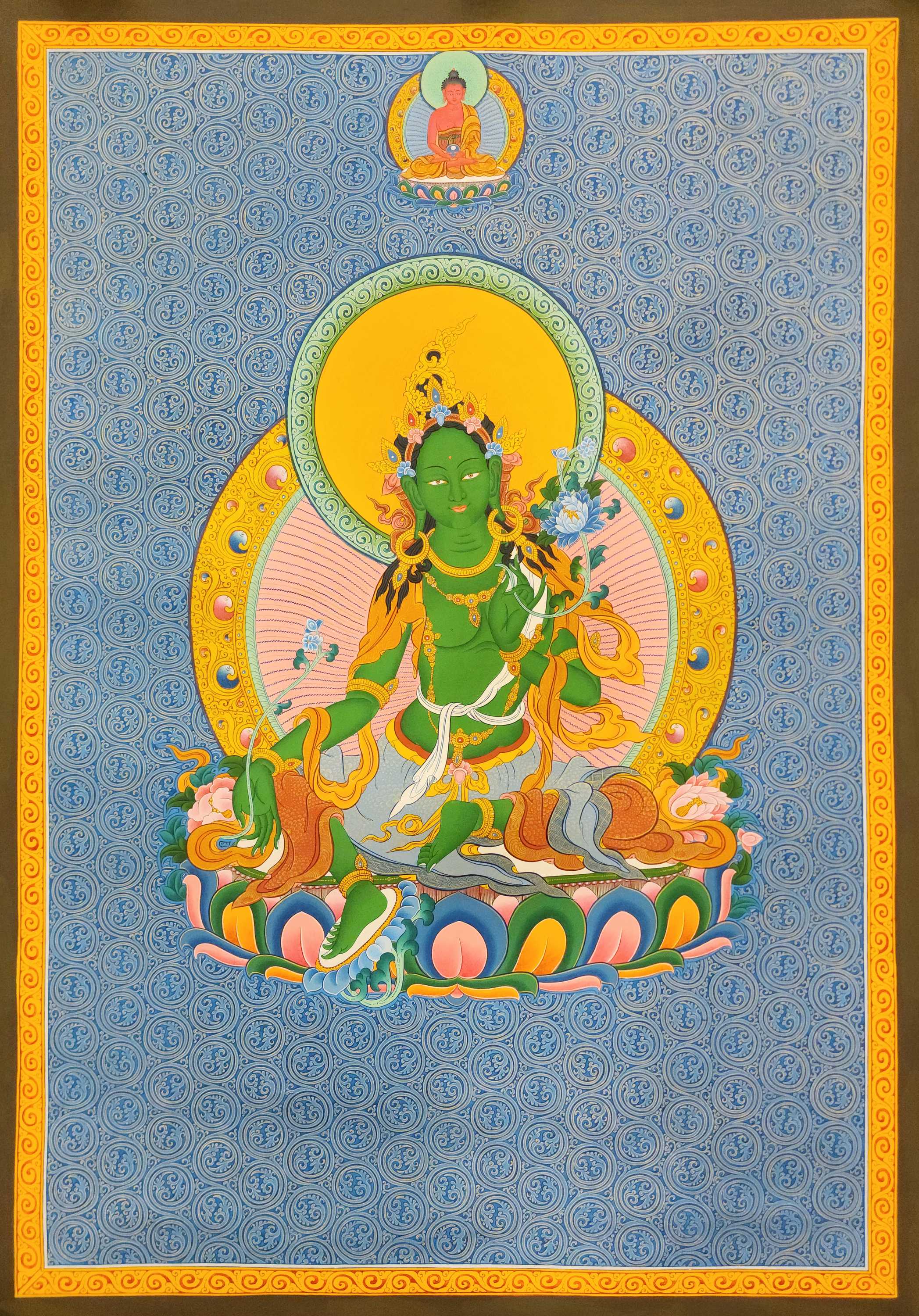 Green Tara Thangka, Buddhist Traditional Painting, Tibetan Style, <span Style=